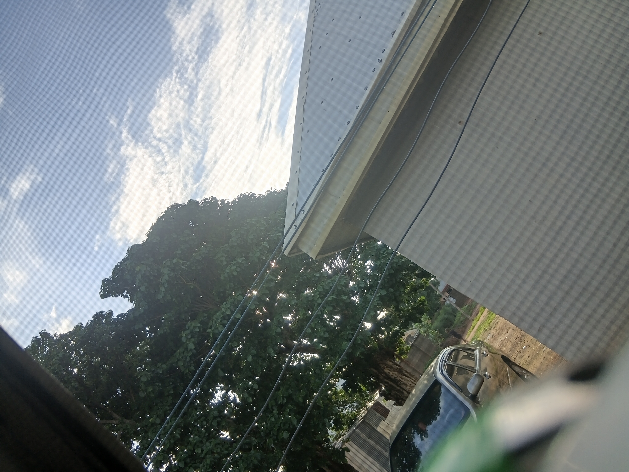 This image, captured in Jalingo, Nigeria, presents an outdoor scene viewed through a window screen, resulting in a visible grid pattern across the entire frame. The perspective is tilted diagonally. The upper right portion shows a bright sky with scattered altocumulus clouds. A large, verdant tree with sunlight piercing through its canopy dominates the left and central midground. Multiple parallel black utility lines extend horizontally across the mid-left, positioned in front of the tree.
In the right foreground and midground, a building with a light-colored corrugated metal roof and a textured side wall is visible. A silver-beige sedan is parked on an unpaved dirt surface in the lower-left. A dirt path extends into the background, where a blurred, dark human figure is discernable walking away from the camera. Faint corrugated metal structures are visible in the left background. The immediate bottom-left foreground contains a blurry green and beige object. The lighting conditions suggest either early morning or late afternoon. No direct interactions among subjects are depicted.