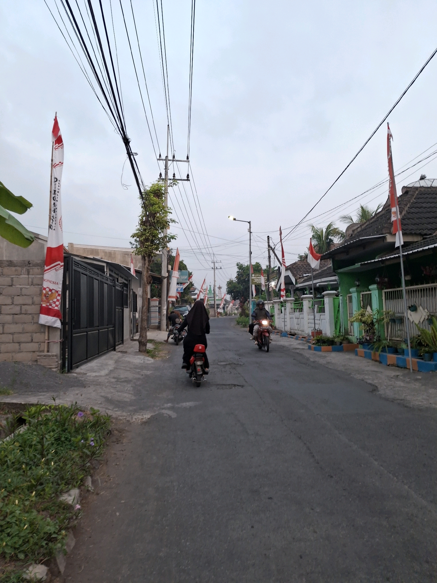 The image shows a street scene in Lumajang, Indonesia, likely in a residential area. Several Indonesian flags are displayed, indicating a possible national celebration or patriotic observance. The sky is overcast, suggesting it is either early morning or late afternoon.
In the foreground on the left, there is a brick wall and a black metal gate. A tall, narrow flag with red and white bands and text is planted beside the gate. A large green leafy plant is visible in the upper left corner.
The street is paved and slopes slightly upwards. Two motorcycles are present. On the left side of the street, a motorcycle is ridden by a person wearing a black hijab and a black outfit. They are moving away from the camera. Further down the street on the right, another motorcycle is approaching the camera, carrying two individuals, the rider wearing a light-colored helmet.
Along the right side of the street, there are houses with green walls and tiled roofs. Decorative fencing with blue and orange trim lines the properties. Planters with green plants are placed along the fence line. More Indonesian flags are visible on poles in front of the houses. A street lamp is positioned on a pole further up the street. The environment appears to be a typical Indonesian street with a mix of residential properties and infrastructure.