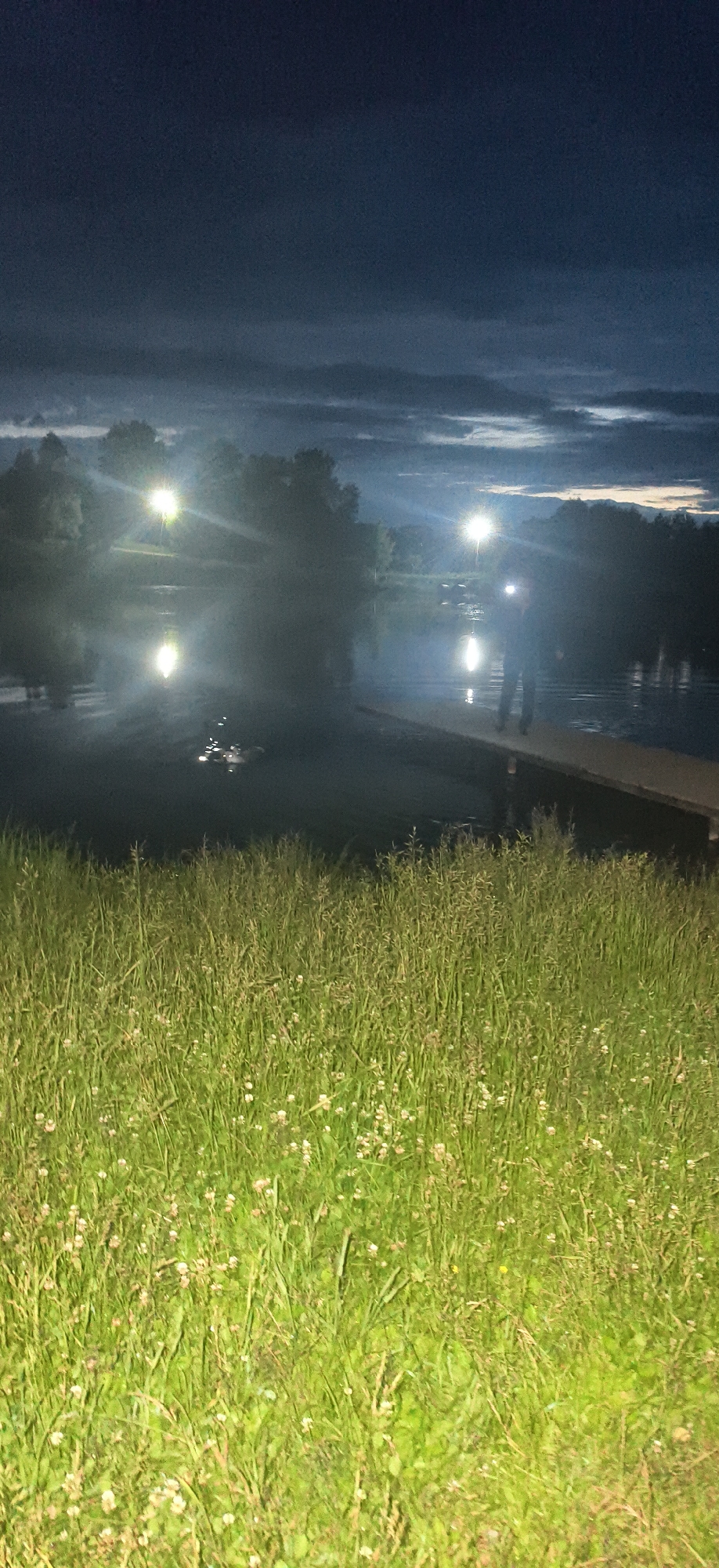 The image depicts a nighttime scene at a body of water, possibly a river or lake, located near the city of Fokino, Russia. In the foreground, there is a dense patch of tall green grass with some small white flowers. Extending from the right side of the frame, a wooden pier or dock juts out over the dark water. A person is standing on the pier, silhouetted against the dim light. The water reflects several bright lights, suggesting artificial illumination from nearby sources, potentially streetlights or other fixtures. The sky above is dark with some visible cloud cover, indicating evening or night. The overall impression is one of a quiet, outdoor setting at night, with human presence indicated by the solitary figure on the pier.