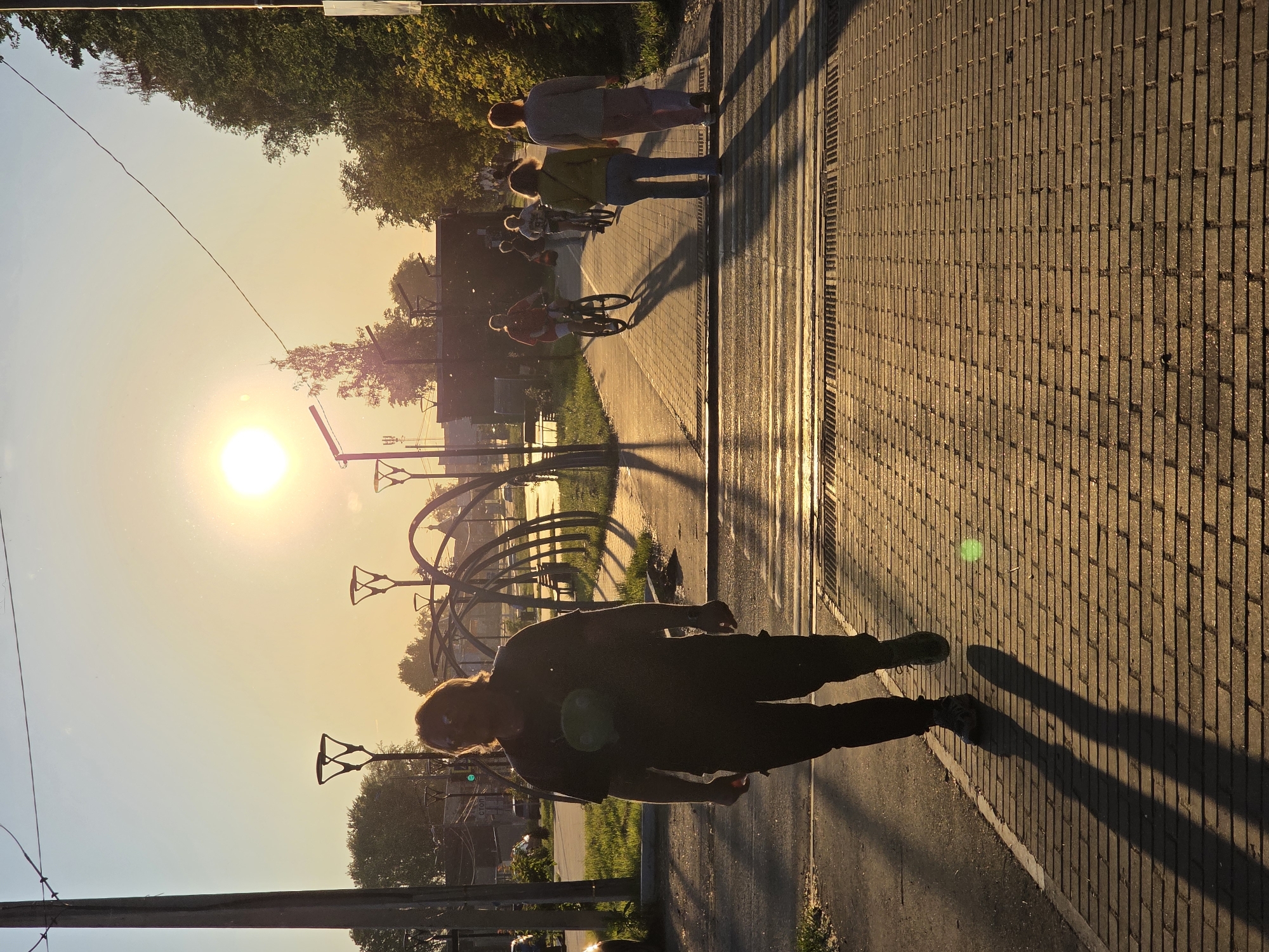 The image captures a backlit scene at either sunrise or sunset in Chaikovsky, Russia, depicting a pedestrian area. The low sun, a bright sphere with lens flare, is positioned in the upper left, casting long shadows towards the viewer and illuminating the sky with golden and light blue hues.
In the immediate foreground, a wide pedestrian path paved with rectangular, reddish-brown bricks extends from the bottom of the frame towards the midground. A narrow asphalt strip borders the path on the left. A man, silhouetted by the strong backlighting, walks towards the viewer on the brick path, slightly left of center. He has long hair, wears glasses or sunglasses, a dark t-shirt with a faint light-colored graphic on the chest, dark trousers, and athletic shoes. His elongated shadow trails behind him on the pavement. A metallic drainage grate spans the width of the brick path just beyond the man, marking what appears to be a pedestrian crossing.
In the midground, beyond the crossing, several other individuals are present. One person on a bicycle, wearing a red top, cycles away from the viewer on the right side of the path. Behind this cyclist, two people walk side-by-side, also moving away from the viewer on the right; one wears a light-colored jacket and blue trousers, and the other a light top and trousers. Other distant figures and cyclists are faintly visible further down the path. To the left of the path, a grassy area features trees and shrubs. Centrally, a decorative structure composed of multiple parallel metal arches creates a tunnel-like feature. Distinctive streetlights with Y-shaped tops are positioned within this area and along the path. A green traffic light and a "СТОП" (STOP) sign written in Cyrillic are visible in the distant left background, confirming the Russian location.
The background consists of a clear sky, transitioning from yellow-orange near the horizon to light blue at the top. Silhouetted trees line the right side of the frame and appear in the distance. Utility poles and wires are visible on the far left. Distant buildings, including what appears to be a structure with a dome or spire, are silhouetted against the bright sky on the horizon.