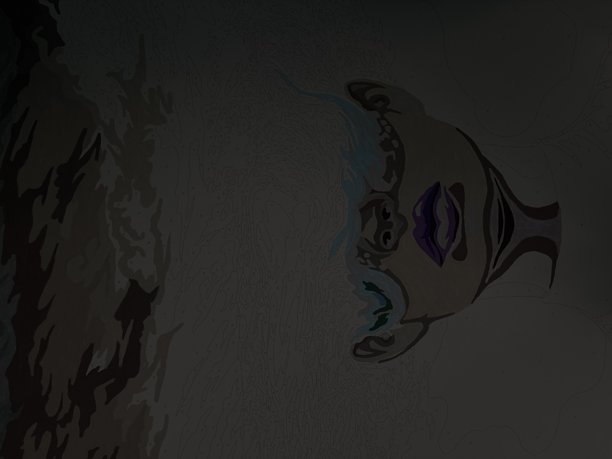The image is a close-up, digitally rendered depiction of a stylized portrait of a person. The subject's face is the central focus, with prominent purple lips and what appear to be stylized, flowing elements around the eyes and hair, possibly abstract representations of tears or water. The background is a dark, abstract pattern, suggesting clouds or a stormy sky. The image is overlaid with faint lines and numbers, indicating it is a paint-by-numbers guide for creating the artwork. There are no identifiable landmarks or contextual elements that would place this image in Saint Petersburg, Russia, or any other specific geographic location.