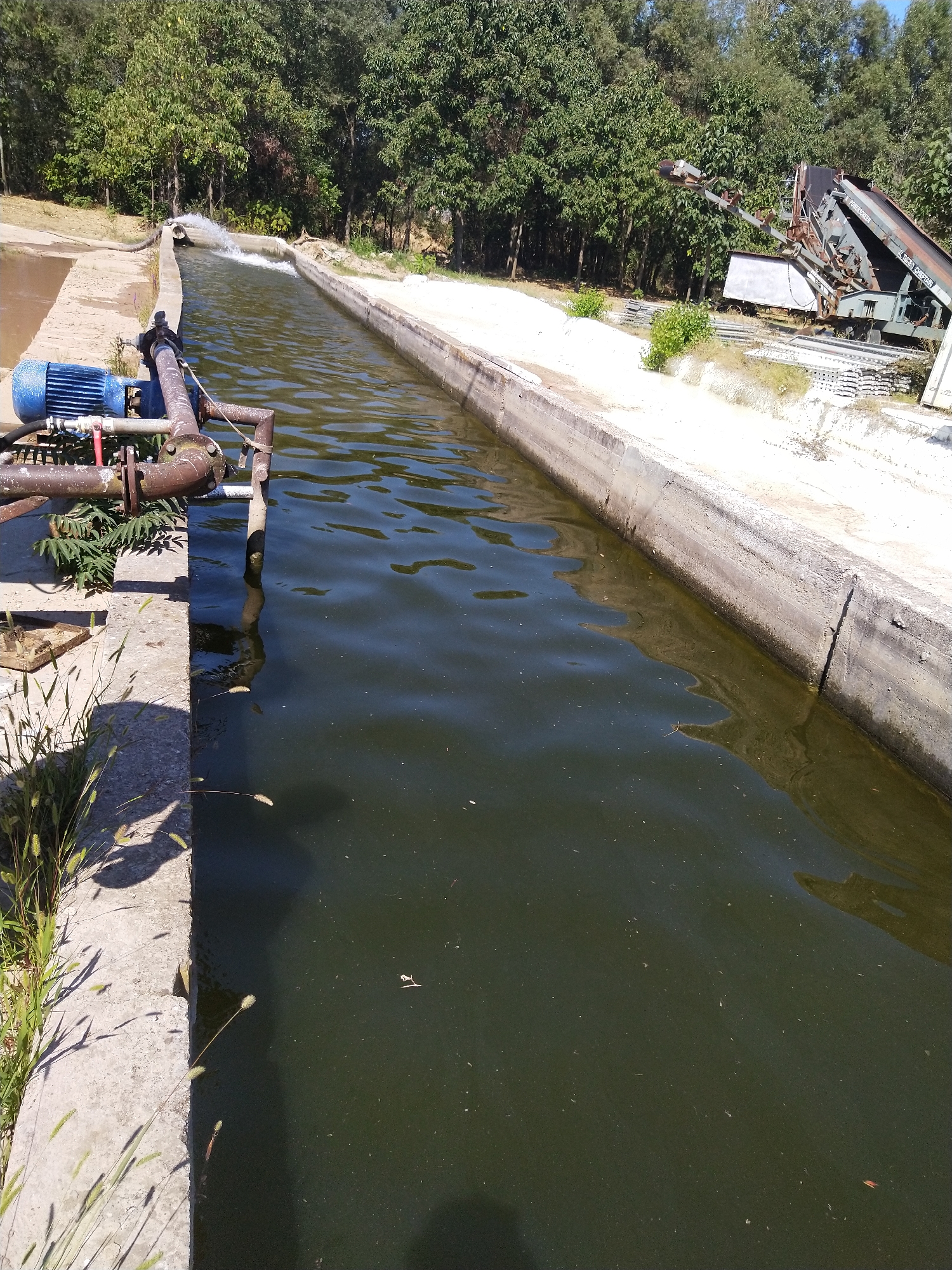 The image depicts an outdoor scene at an industrial facility, possibly related to water management or agricultural processing, in Valchedram, Bulgaria. In the foreground, a concrete channel filled with dark, murky water runs from left to right. A blue electric motor is attached to a rusty pipe system that extends into the channel. In the midground, water is being discharged from a hose into the channel, creating a splash. The background shows a line of mature trees and what appears to be industrial machinery, including a conveyor belt system. The ground surrounding the channel is a mixture of concrete and dirt, with some sparse vegetation. The lighting suggests it is a sunny day.