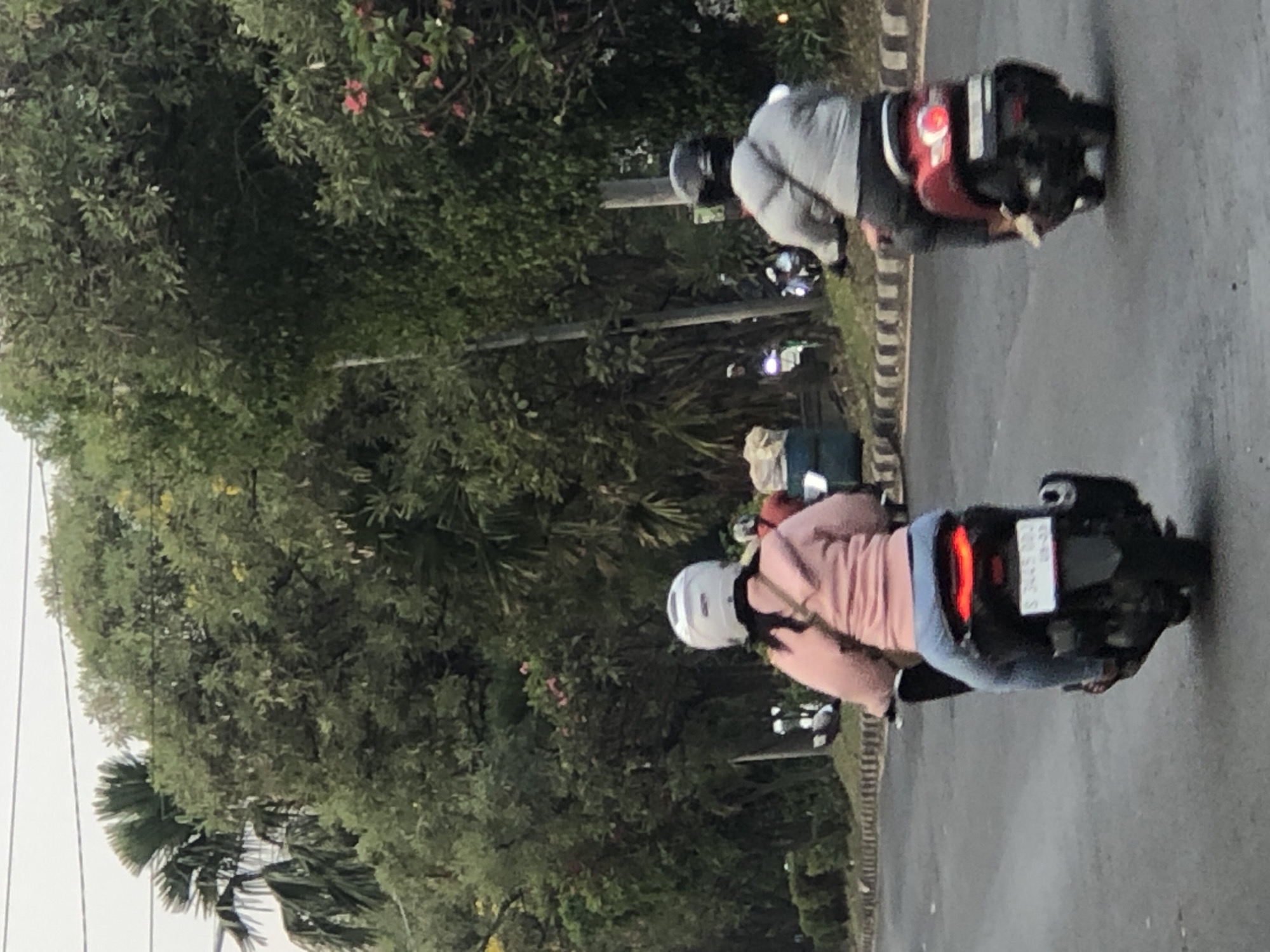 Two individuals on motorbikes are observed from behind, traveling on a paved road lined with lush green trees and vegetation, suggestive of a tropical or subtropical environment. The motorbike in the foreground is ridden by a person wearing a pink hooded jacket and blue jeans, with a white helmet. The motorbike behind it is ridden by a person in a grey jacket and dark pants, wearing a black helmet. The road appears to be in a suburban or semi-rural area of Ngaban, Indonesia, given the presence of extensive greenery and what appear to be overhead power lines. The lighting suggests it is daytime, possibly late afternoon due to the soft light.