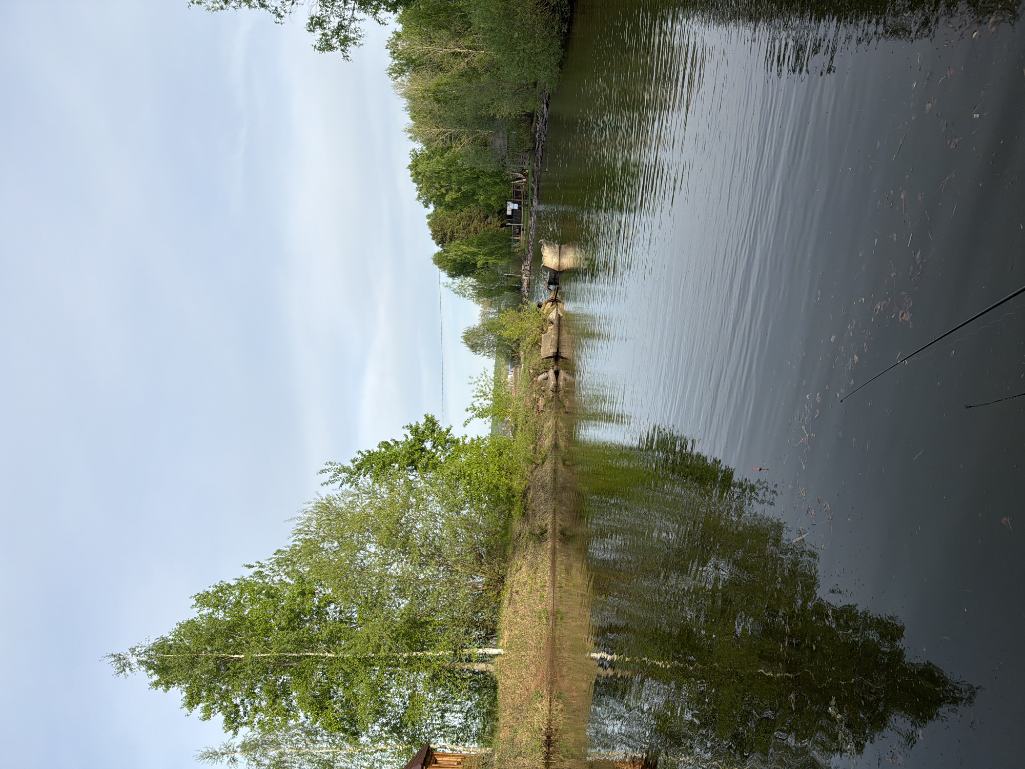 The image depicts a body of water, likely a river or canal, with trees and vegetation lining its banks. The water surface reflects the sky and surrounding foliage. A section of land or a narrow strip of vegetation divides the water body. The location is the city of Unknown, Unknown.