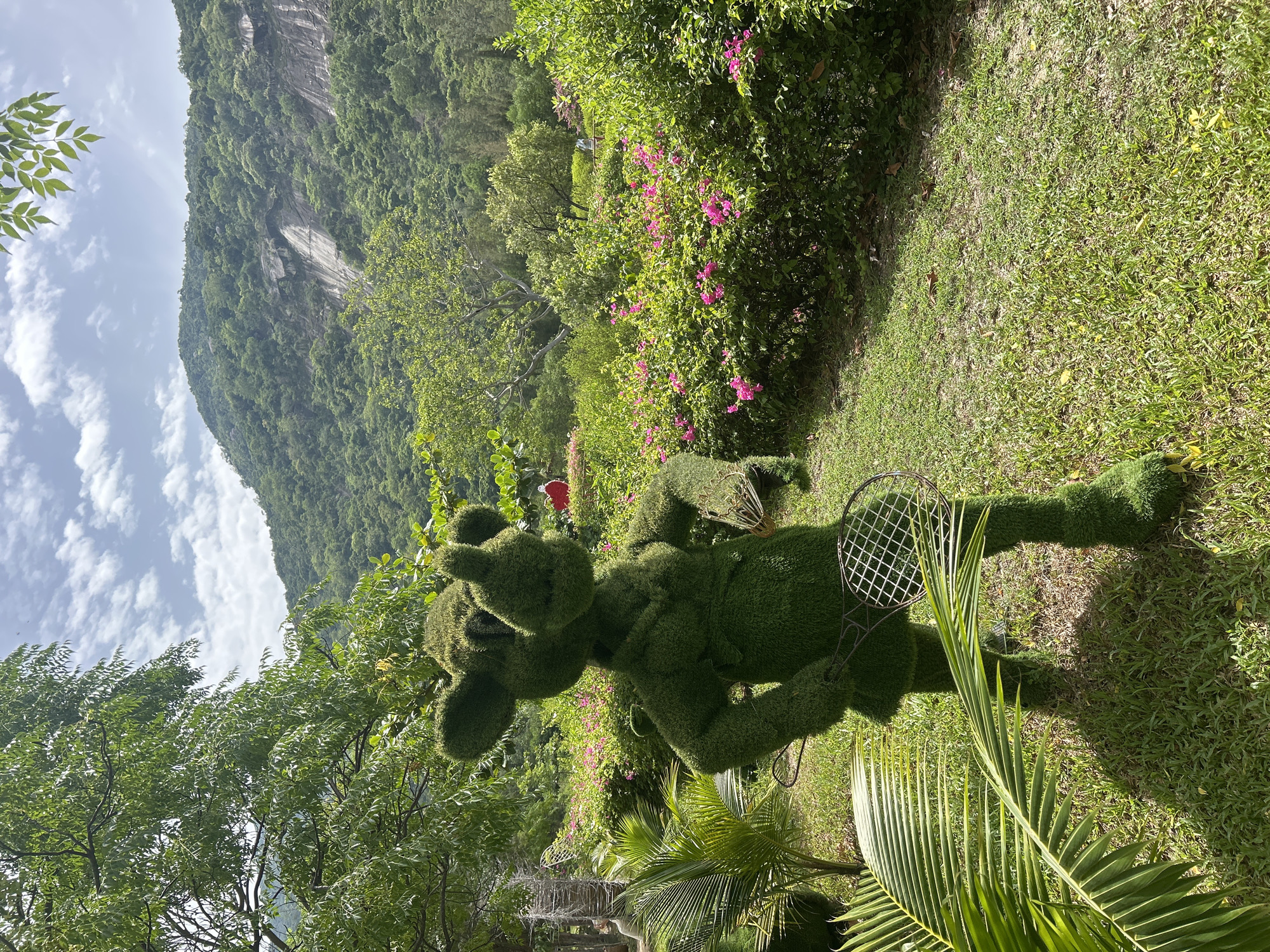 In a park setting in Hoa Thang, Vietnam, a topiary sculpture resembling a cartoon character, possibly Mickey Mouse, stands on a grassy lawn. The sculpture is entirely made of green foliage and is holding a tennis racket. Behind the sculpture, there is a lush garden with pink flowering bushes and palm trees. In the background, a tree-covered mountain under a partly cloudy sky overlooks the scene. The lighting suggests it is daytime.