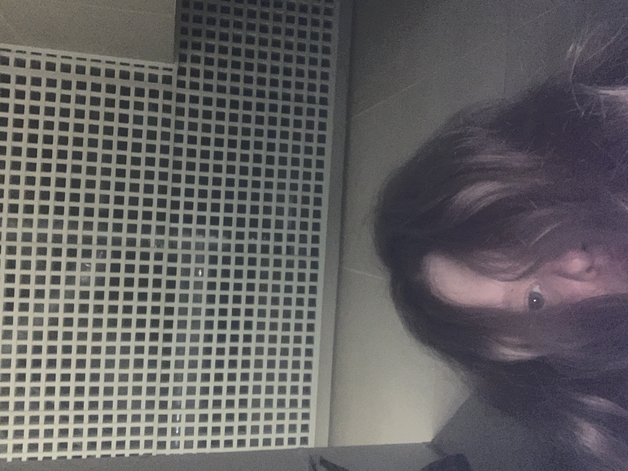 The image captures an indoor scene in Saint Petersburg, Russia, featuring a partially visible person and a distinct wall pattern. On the right side, a person with dark, slightly disheveled hair is shown in a close-up, angled shot. Their hair covers most of their face, but one eye, part of the nose, and a hint of the mouth area are visible, with the eye looking directly at the camera. The lighting is dim, contributing to a somewhat grainy aesthetic.
The left two-thirds of the image are dominated by a wall covered in a repetitive grid pattern, composed of small, dark squares set against a lighter, possibly off-white or light gray background, resembling mosaic tiles. Faint reflections or glints are visible on some of the tiles. Above and to the right of this tiled section, a plain, darker gray wall or surface is present. The perspective suggests a close-up, possibly a selfie, given the unusual angle. No specific activity other than posing for the photograph is evident. The person's expression, from the visible eye, appears neutral or inquisitive. There is no visible text in the image.