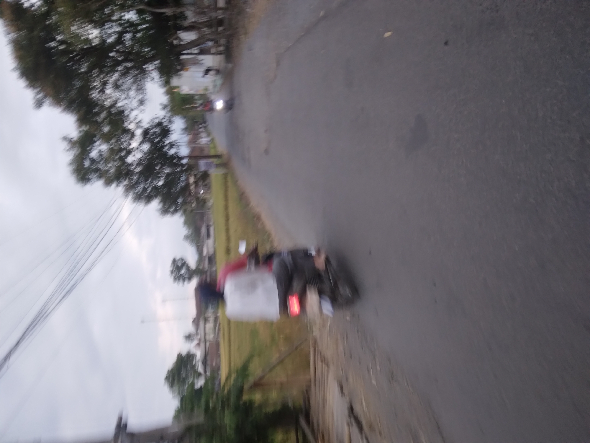 The image captures a blurred view of a road in Desa Pamijen, Kecamatan Sokaraja, Indonesia. Two individuals are riding a motorbike on the asphalt road. The person in the front is wearing a dark helmet and a red shirt, while the person behind them is wearing a white shirt. The motorbike has its taillight illuminated. To the left of the road, a rice field is visible, bordered by trees and some wooden structures. The background features trees and buildings, suggesting a rural or semi-rural environment. Overhead power lines are also visible against a cloudy sky. The scene appears to be captured during daylight, possibly late afternoon or early morning, given the diffused light.