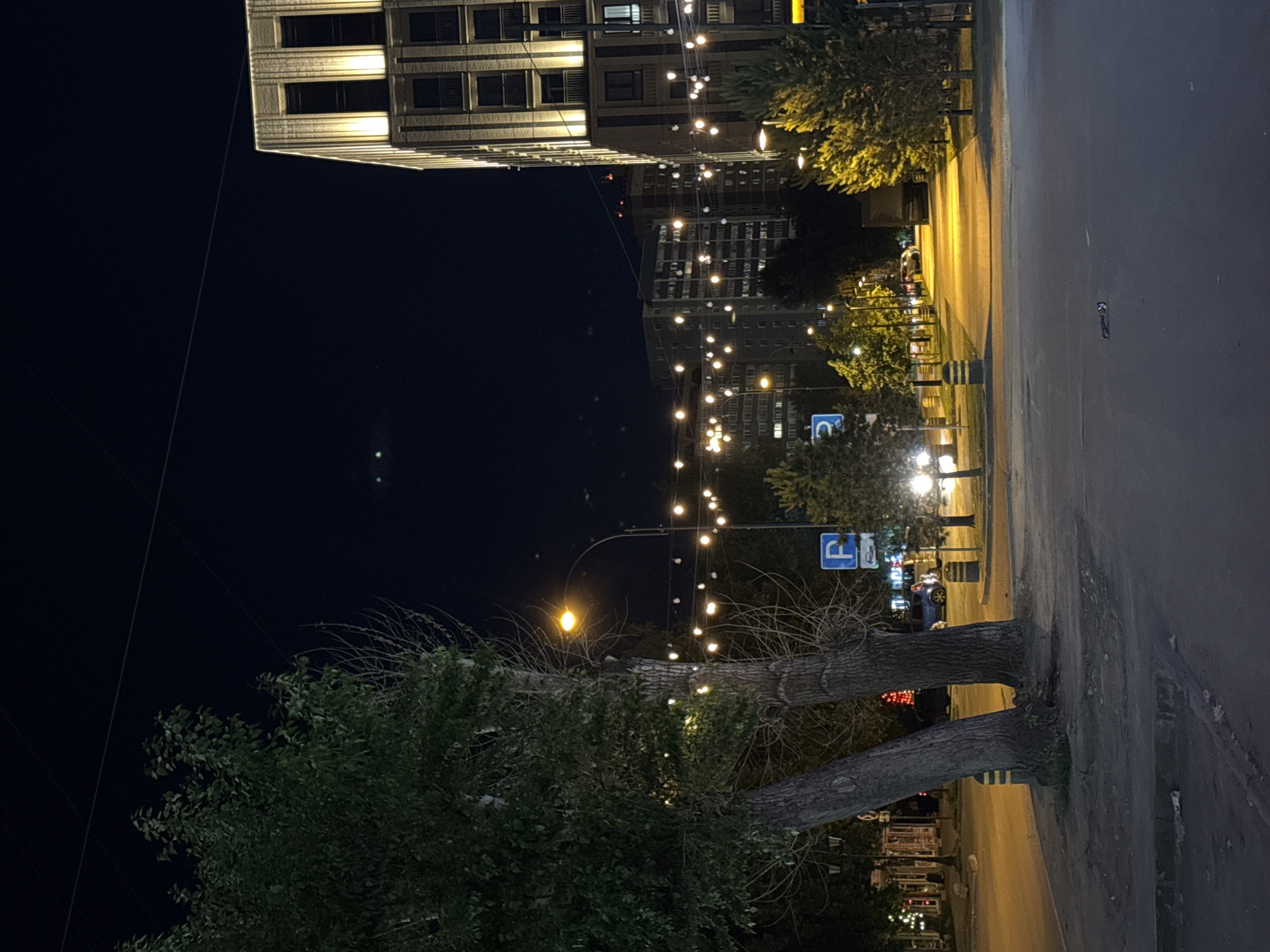 A nighttime street scene in Novosibirsk, Russia, features a city park area with trees, streetlights, and decorative string lights. A modern, illuminated building stands on the right, while apartment buildings are visible in the background. The street appears to be moderately busy, with a few cars and parked vehicles. A blue parking sign is also present. The overall atmosphere is urban and slightly festive due to the lighting.