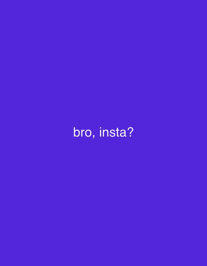 The image features a solid, uniform royal purple background. Centered horizontally and positioned slightly above the vertical midpoint, white sans-serif text reads "bro, insta?". There are no other subjects, objects, or environmental details present. The image is a simple graphic with text, suggesting an informal inquiry or request, likely pertaining to sharing an Instagram contact.