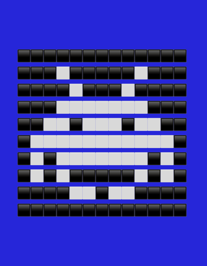 The media file displays a grid of small, square-shaped elements set against a solid, vibrant blue background. The grid is organized into 12 rows and 20 columns, totaling 240 individual squares. Each square possesses a glossy, slightly reflective appearance, resembling buttons or indicator lights on a digital display or control panel.
The squares are either black or white, with the arrangement of the white squares forming an intricate and abstract pixelated pattern. This design does not immediately translate into a recognizable letter, word, or familiar object in any known alphabet or iconography. The white elements create a complex, non-symmetrical emblem or symbol, featuring varying lengths of horizontal and vertical white blocks throughout the grid.
There are no people, animals, or other discernible objects present in the image. No visible text is incorporated into the design. As an abstract pattern on a plain background, the image offers no cues regarding the time of day, weather conditions, or specific geographical features, beyond the provided context that this media file is associated with Dunavtsi, Bulgaria. The image represents a static, stylized graphic, potentially a form of data visualization, a unique logo, or abstract digital art.