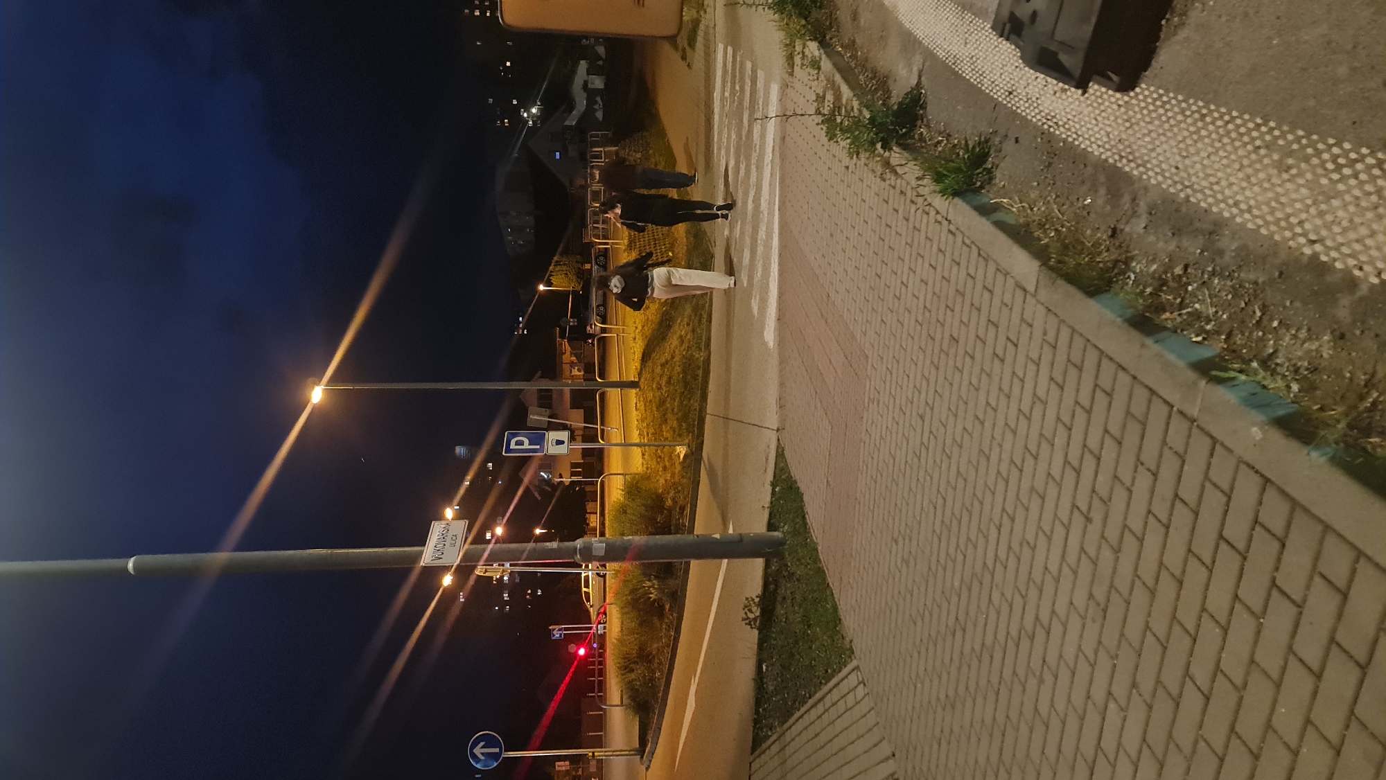 At night, the image depicts a street scene. Pedestrians are crossing a zebra crossing, illuminated by street lights. A road sign indicating "PARKING" and "WEJAKOWSKA ULICA" is visible. A traffic light is red. The surrounding environment includes buildings, pavement, and greenery.