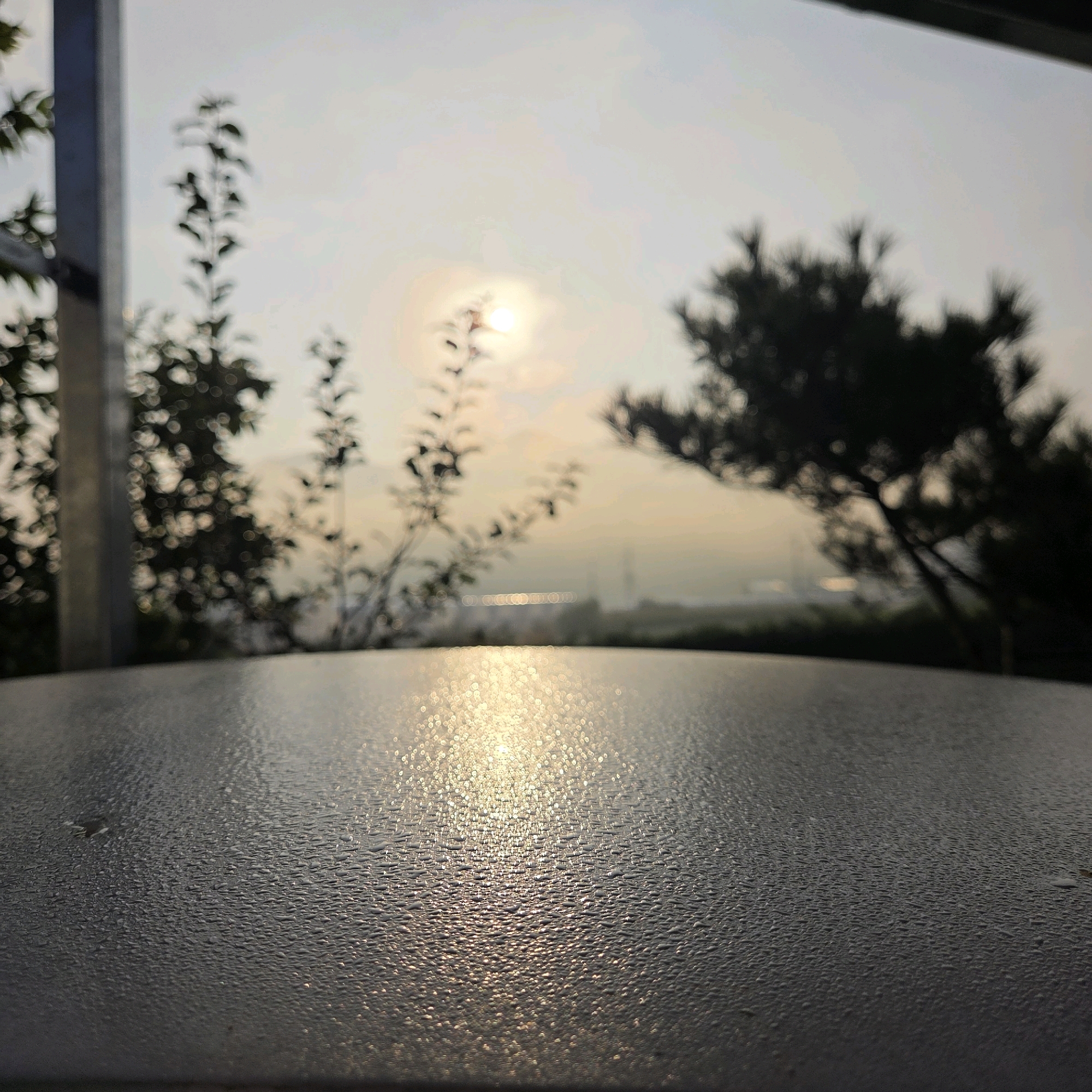 The image shows a close-up view of a textured surface, possibly a table, covered in small water droplets. The surface is dark gray and reflects the sunlight, creating a shimmering effect with numerous small highlights. In the background, the scene is blurred and out of focus. The sky is hazy with the sun visible as a bright, diffused orb. Silhouettes of trees and foliage are present on the left and right sides of the frame. In the distance, a faint outline of buildings or structures can be seen. The overall impression is one of an outdoor scene, likely in the morning or evening due to the low angle of the sun and the presence of dew or condensation. The location is specified as Dunnae-myeon, South Korea.