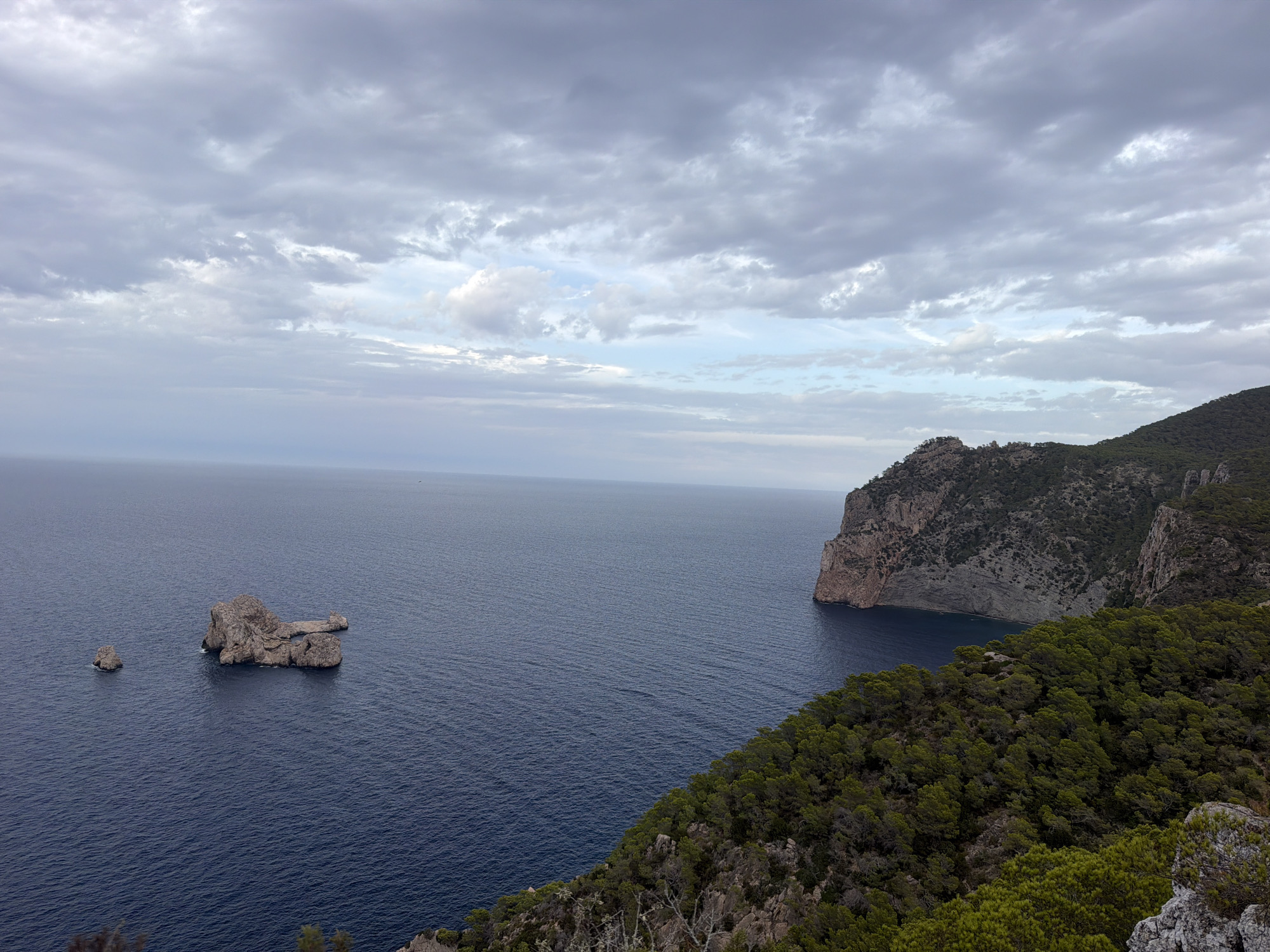 The image depicts a coastal landscape with a body of deep blue water meeting a rugged, tree-covered coastline. In the distance, a large rock formation protrudes from the sea, with a smaller rock to its left. The sky is overcast with grey and white clouds. The foreground features a steep incline covered in dense green pine trees, with rocky outcrops visible. The scene appears to be a natural landscape, likely a cliffside overlooking the sea. Without further information or context, it is impossible to definitively place this image within the city of Sant Antoni de Portmany, Spain, or any other specific location. However, the scenery is consistent with coastal areas known for their natural beauty and rugged terrain.