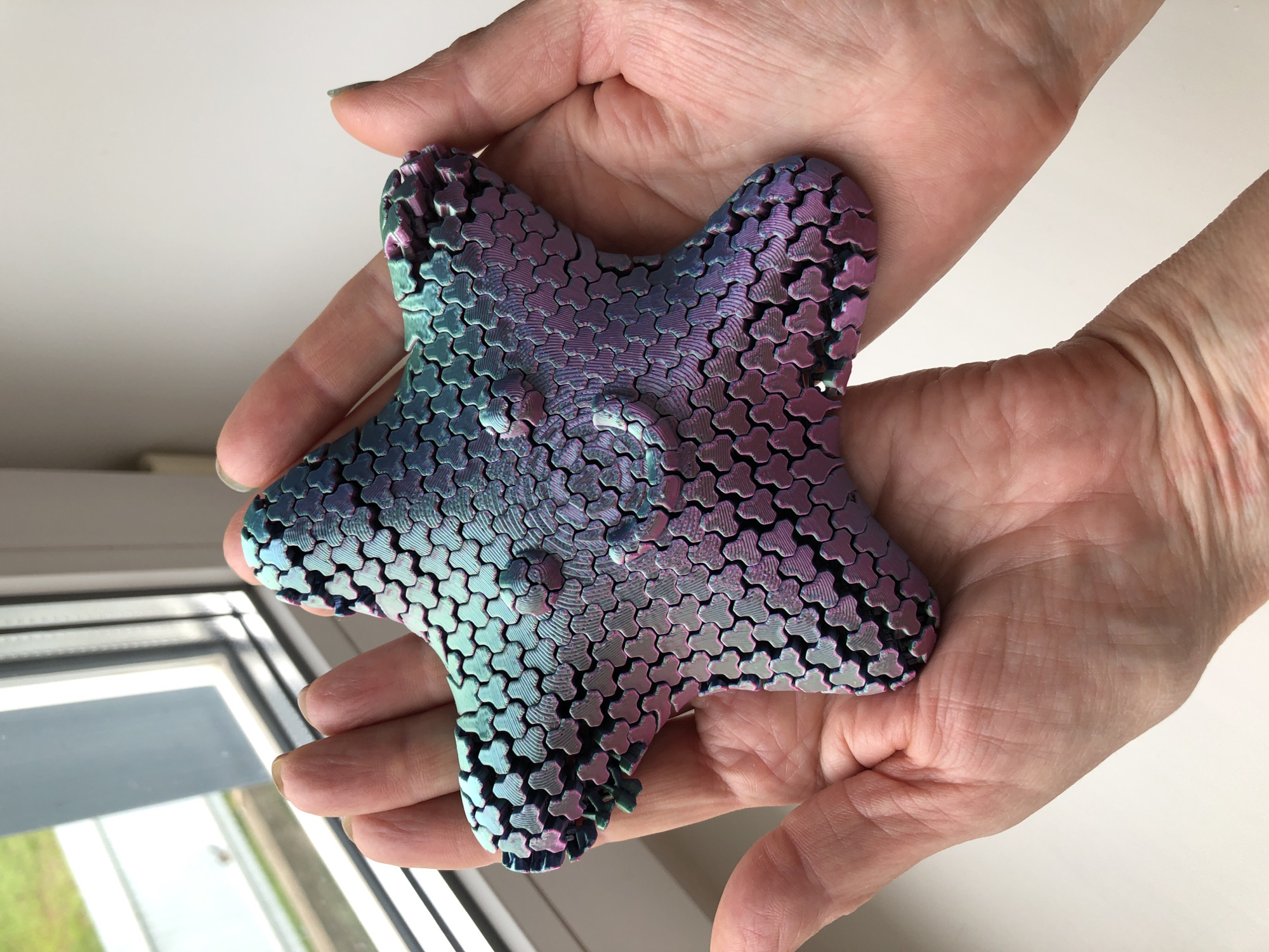 A starfish-shaped object is held in two human hands. The object appears to be constructed of small, repeating units, possibly 3D printed, with a color gradient transitioning from shades of blue/teal on one end to purple/pink on the opposite end. The background includes a white or light-colored surface. The scene is well-lit. A window is visible in the lower left portion of the frame, reflecting some external light and possibly foliage. There is no evidence to suggest the location is Noviy, Russia. The only subjects are human hands holding an object.