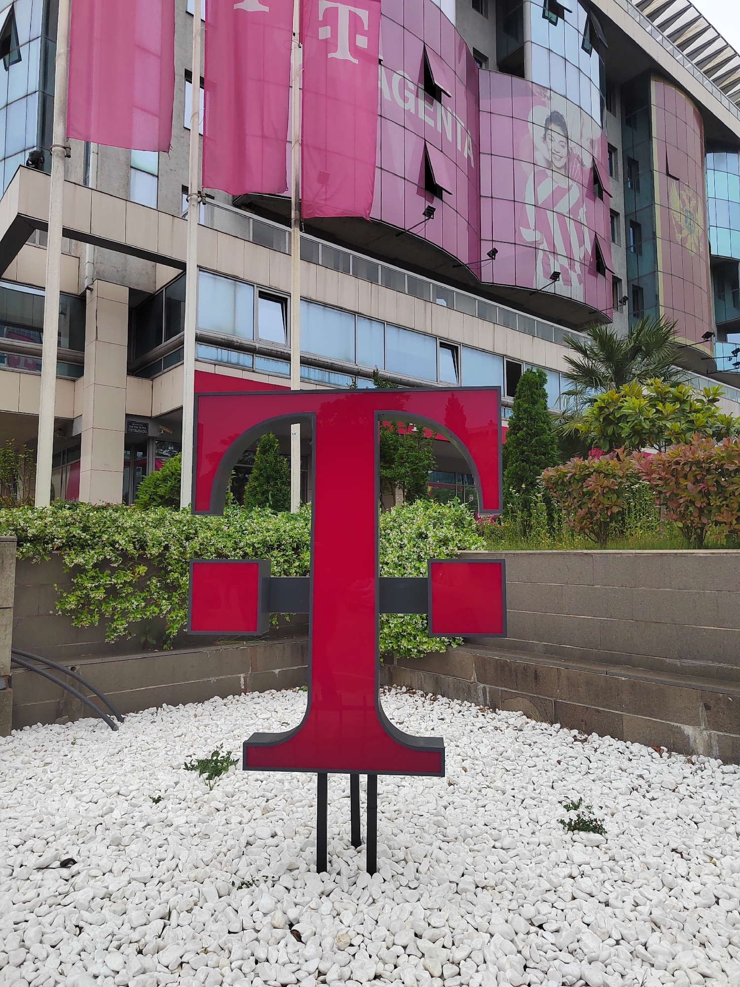 The image depicts a large, red "T" logo, presumably for T-Mobile, situated in a bed of white gravel. The logo stands in front of a multi-story building with a modern design, featuring a glass facade and visible magenta branding. The building also displays the word "MAGENTA" in large letters and an image of a person. The location is likely Podgorica, Montenegro, given the building's signage and the prominence of T-Mobile in the region. The foreground consists mainly of the white gravel and a few scattered plants. The background includes the building, various plants, and flagpole with magenta flags. There are no people visible in the immediate vicinity of the logo. The day is overcast.