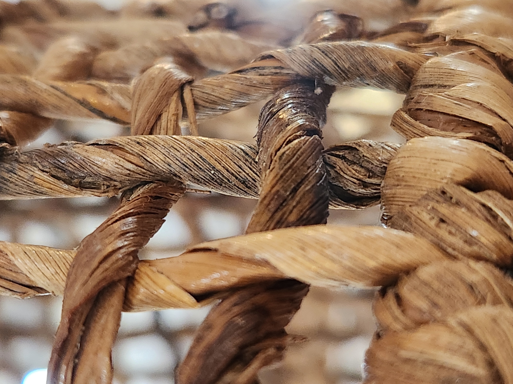 The image is a close-up, macro photograph of a woven basket. The basket appears to be made of natural fibers, possibly rattan or a similar material. The weaving is tight and intricate, with strands of varying thickness and texture. Some strands are smooth and polished, while others are rough and frayed. The colors range from light tan to dark brown, with visible variations in tone and shade. The lighting creates highlights and shadows that accentuate the texture and depth of the weave. The background is blurred and out of focus, suggesting that the basket is the sole subject of the image. There are no people, animals, or other objects visible in the frame. The image does not provide any information about its location in Maitland, Florida, United States of America.