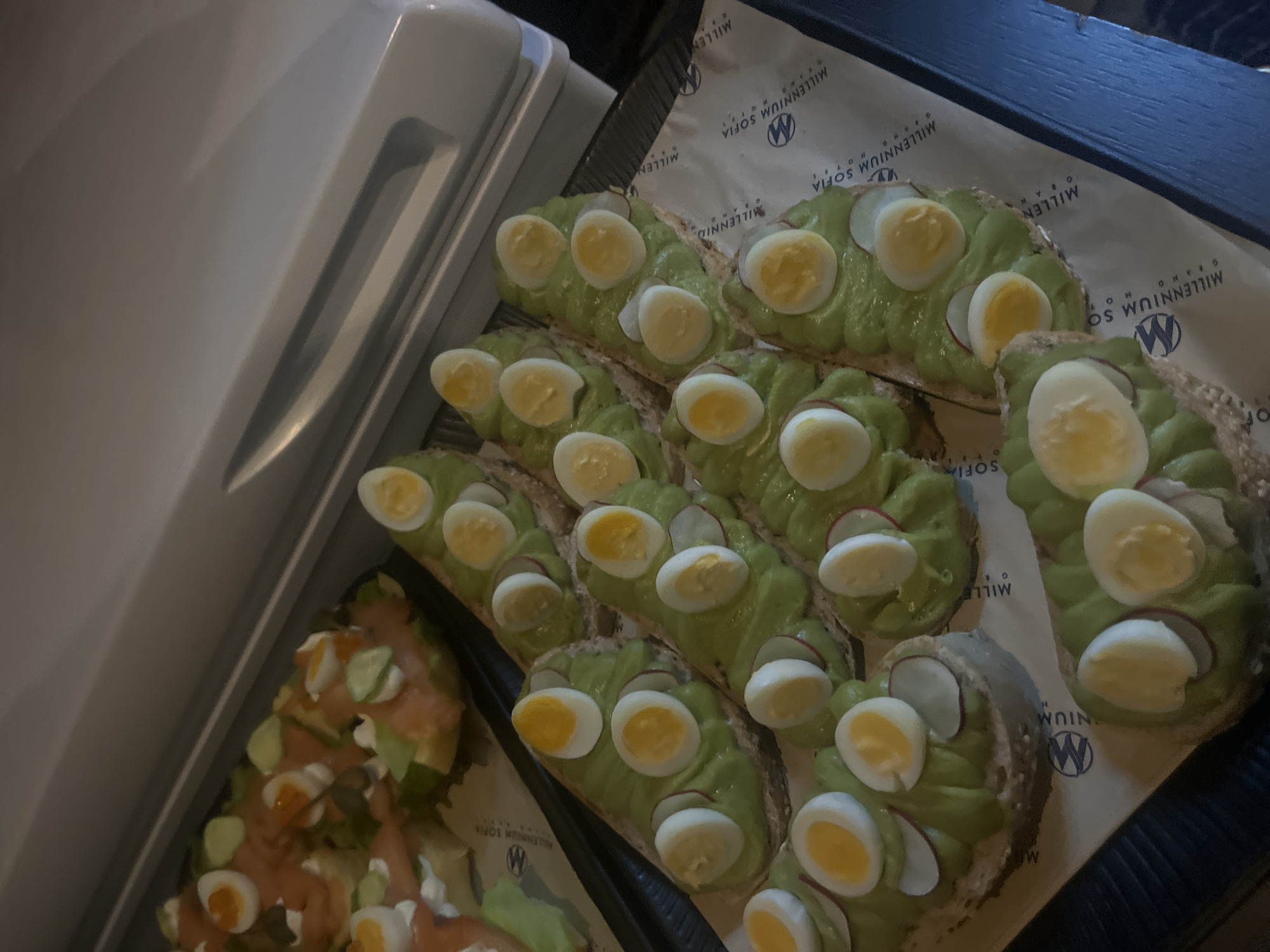 The image displays a close-up of a food display featuring two types of open-faced sandwiches or appetizers, likely presented on a buffet. The main focus is on numerous pieces of rustic or whole-grain bread topped with a thick, light green spread, garnished with halved quail eggs and thin slices of radish. These are arranged on a dark tray over white paper liners.
Beneath the food, the paper liners prominently feature repeating text and a logo. Visible text includes "MILLENNIUM SOFIA," "GRAND HOTEL," and a "W" logo, indicating that the food is from the Grand Millennium Sofia Hotel in Sofia, Bulgaria.
Partially visible on the bottom left is another tray with similar bread and green spread, but this batch is topped with slices of smoked salmon, possibly cucumber or avocado pieces, and additional quail egg halves. A light grey container or serving dish with a handle is seen on the far left.
The setting appears to be indoors, possibly a hotel restaurant or event space, suggesting a breakfast, brunch, or catering event. No people are visible, and no specific time of day or weather can be definitively determined beyond the indoor environment. The food is neatly arranged, highlighting a professional presentation.