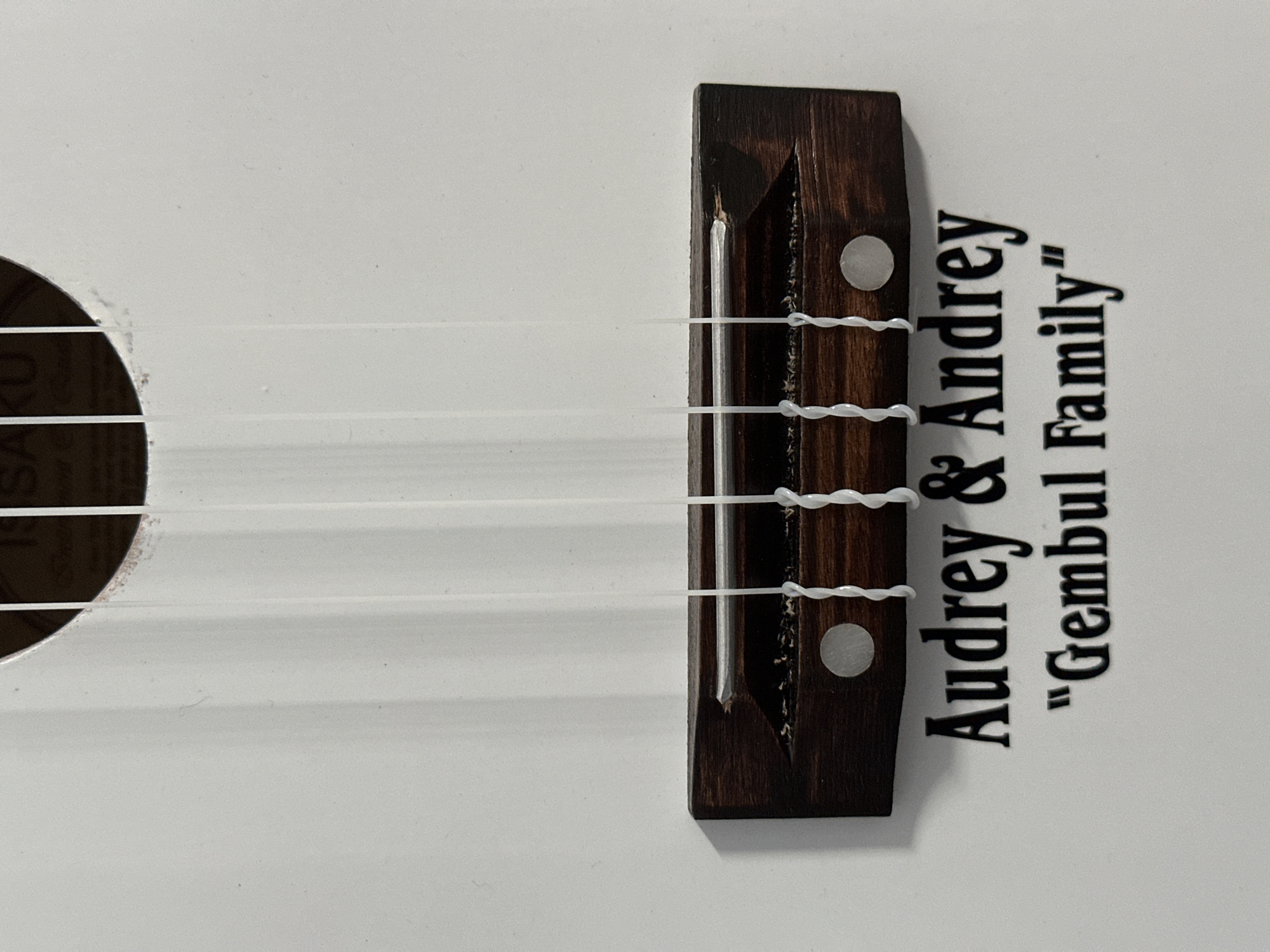 The image shows a close-up of a white ukulele. The ukulele has a wooden bridge with four white strings. Below the bridge, there is black text that reads "Audrey & Andrey" and "Gembul Family". The background is white. The image is well-lit and in focus. There are no people in the image. There is no information in the image that indicates its location in Bulakrejo, Indonesia.