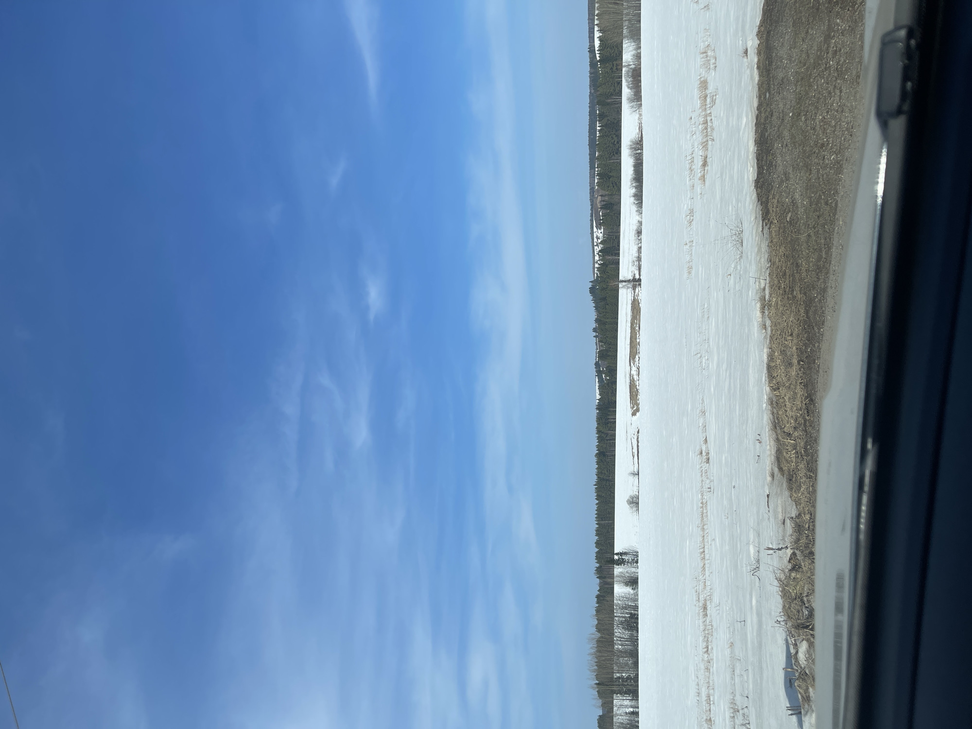 The image shows a landscape with a blue sky and snow-covered field. A line of trees separates the field from the sky. The photo was taken from inside a vehicle, as evidenced by a portion of the vehicle visible on the right. The location is potentially Kueda, Russia. The scene lacks people or visible interactions. The dominant elements are the sky, snow-covered field, and trees.