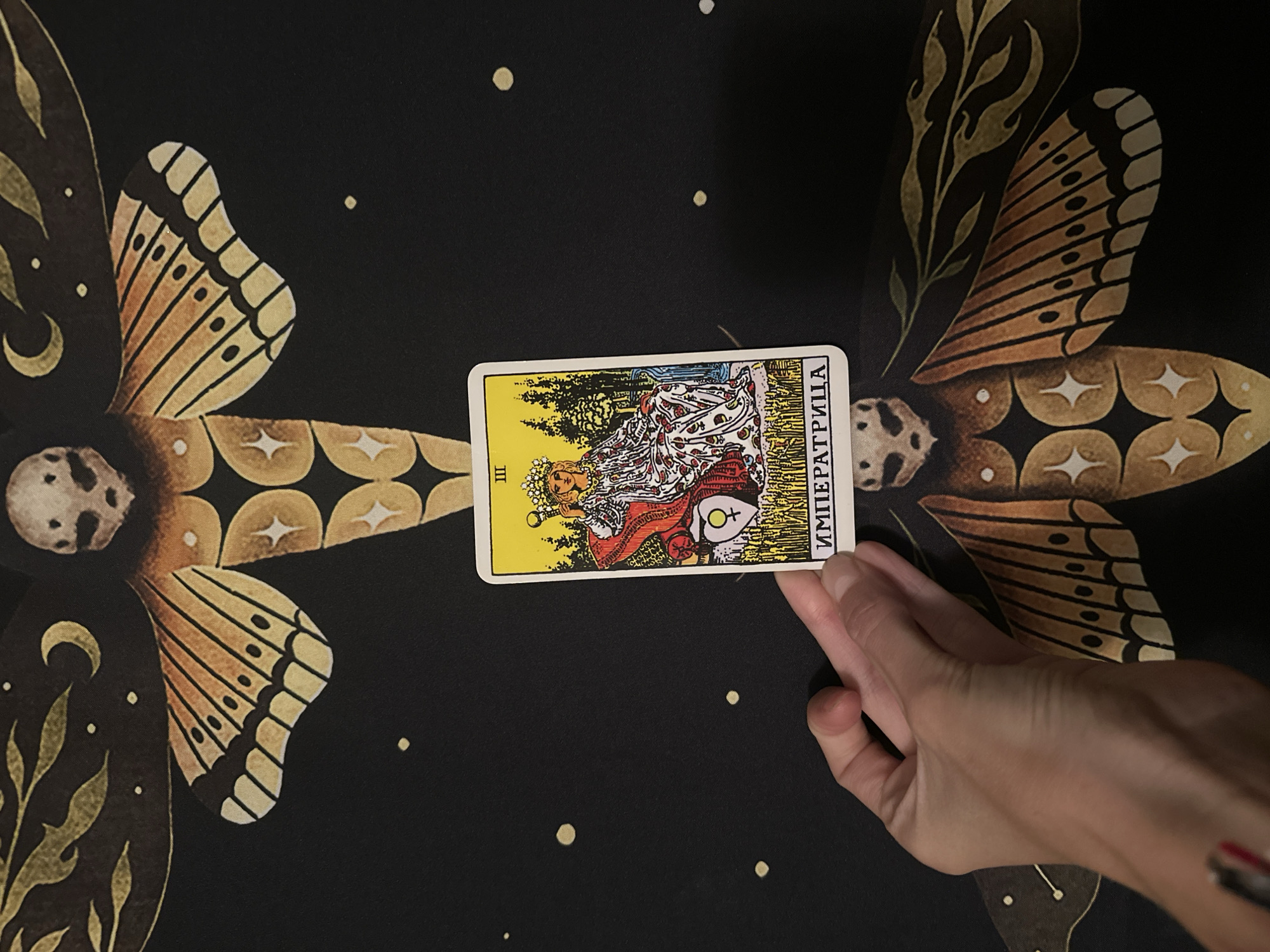 A close-up shot shows a hand holding a tarot card, "The Empress," with its imagery reversed. The card is placed on a black cloth adorned with a celestial-themed pattern featuring stylized moths, crescent moons, and scattered dots resembling stars. The moths' wings, rendered in warm tones of orange, yellow, and brown, spread symmetrically on either side of the card, creating a dramatic visual effect. The hand, with its fingers extended and thumb tucked under, gently grasps the card, suggesting a deliberate placement or examination. The lighting is dim, creating a mystical and intimate atmosphere. The overall scene evokes a sense of divination and introspection, possibly within a personal space. No specific time of day or weather conditions are discernible. No location cues beyond the implied setting of a tarot reading are present. The visible text on the card is in Cyrillic and reads "ИМПЕРАТРИЦА" which translates to "The Empress." There is also a Roman numeral "III" visible on the left side of the card.