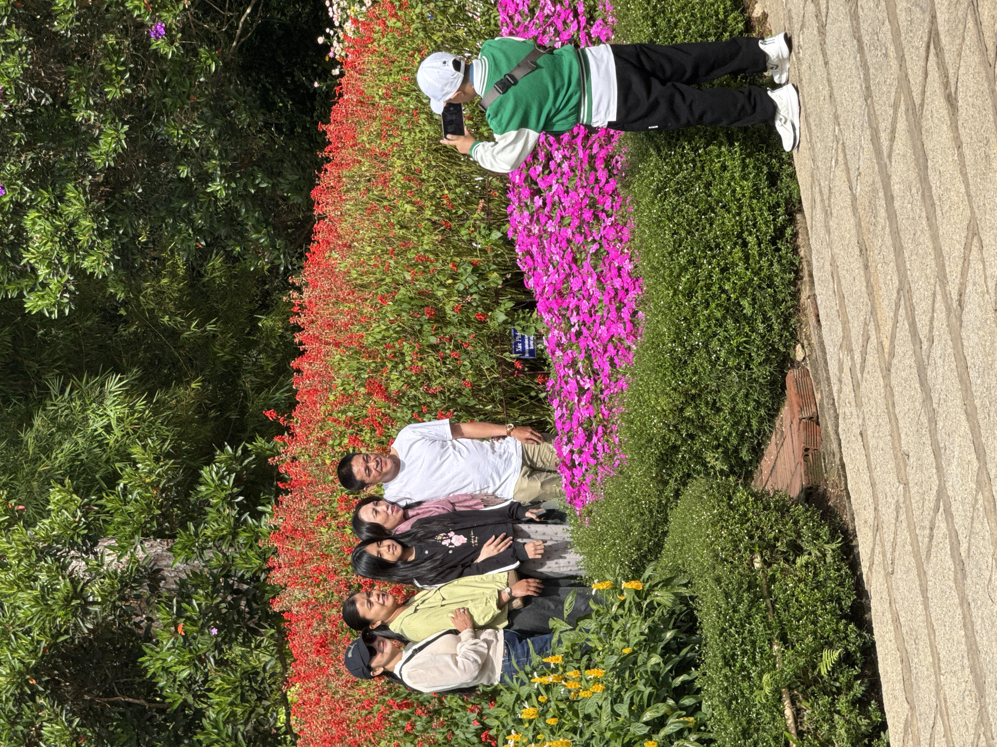 In Da Lat, Vietnam, a family of five poses for a photograph in a vibrant garden. Two women stand on the left, one wearing a white shirt and black baseball cap, and the other in a light green jacket. Between them is a young girl in a black sweatshirt. To the right of the girl, a woman in a pink scarf stands next to a man in a white t-shirt. They are positioned in front of a dense hedge of bright red flowers, with a background of lush green trees and bamboo. In the foreground, a young boy in a white cap and green and white jacket stands facing away from the group, taking a photo of them with his phone. The ground is paved with light-colored stone. The scene is bathed in sunlight, creating a cheerful and picturesque atmosphere.
