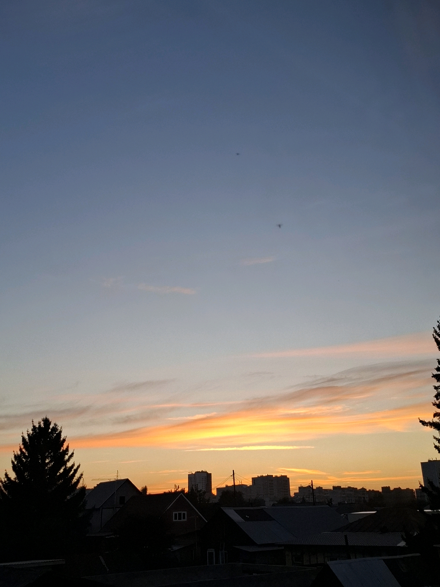 This is a vertical, medium-shot, high-angle photograph of a cityscape at sunset. The sky is a gradient of deep blue at the top, transitioning to pale blue, then to bands of orange, yellow, and pink clouds near the horizon. Silhouetted against the colorful sky are several residential buildings of varying heights, as well as a taller apartment building. In the foreground, the dark silhouettes of several rooftops are visible, along with the sharp, triangular shape of a coniferous tree on the left. There are no people or animals visible in the image, and no actions or interactions are depicted. The scene appears to be an urban environment in Tyumen, Russia, captured during the twilight hours.