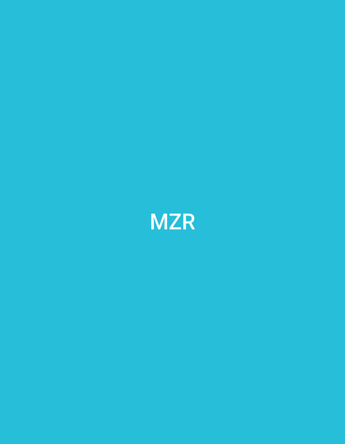 A digital graphic, presented as if located in the city of Casablanca, Morocco, displays a minimalist composition. The entire frame is filled with a solid, uniform teal-blue background. Centered both horizontally and vertically within this monochromatic field are three capital letters, "MZR," rendered in a clear, sans-serif typeface and a solid white color. No additional subjects, objects, people, actions, or environmental details are visible. The image is a simple text overlay on a color field.