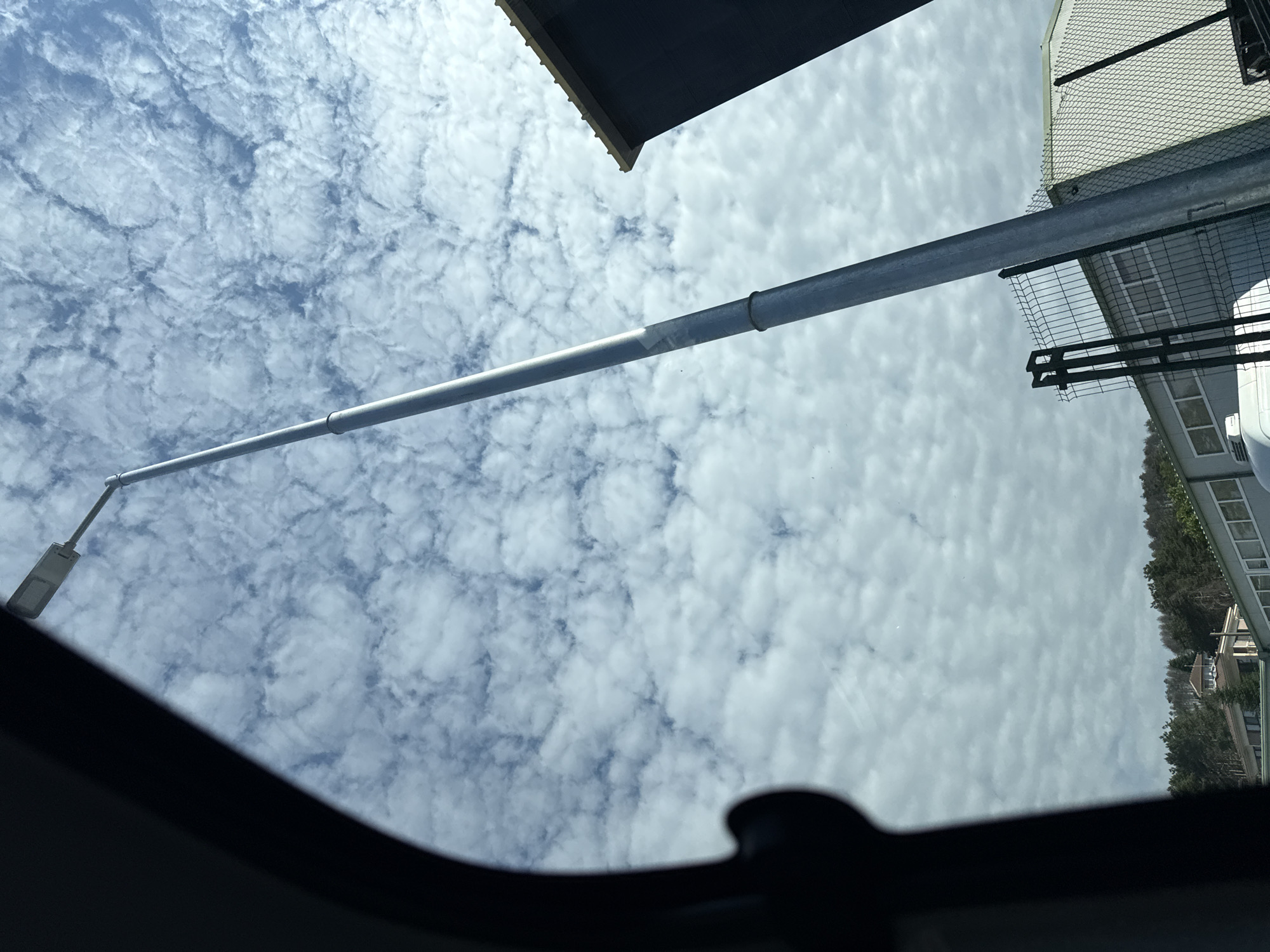 The image shows a view looking upwards from within a vehicle, with a portion of the vehicle's interior framing the scene on the left. A tall, slender metal lamppost dominates the center of the frame, extending upwards towards a sky filled with scattered, puffy white clouds against a blue backdrop. The lamppost has a modern, rectangular light fixture attached to its top.
To the right of the lamppost, a dark, flat-roofed building with yellow trim is partially visible. Below this building, a chain-link fence and a section of a light-colored industrial building with rectangular windows can be seen. In the distance, behind the fence and buildings, a wooded hillside is present, with some of the trees appearing dry or dead. A few structures are nestled within the hillside, including one with a domed roof. The scene appears to be an outdoor area, possibly industrial or commercial, in the city of Varna, Bulgaria. No people are visible in the image.