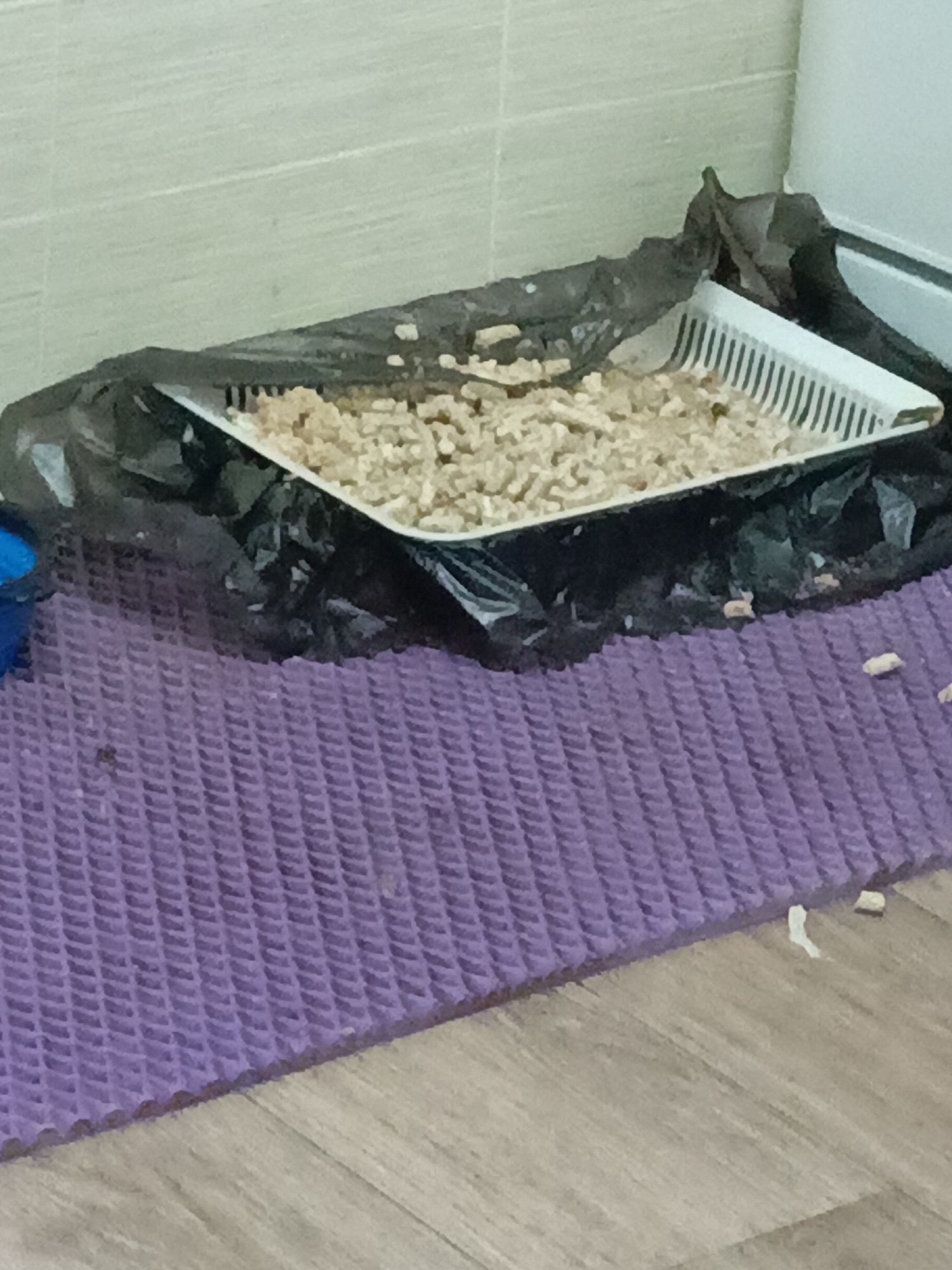 The image depicts a litter box filled with light-colored pellets, placed on a black plastic liner. The litter box itself is white and rectangular with a grate. The liner is spread out on a textured purple mat, which is situated on a wooden floor. In the background, a tiled wall is visible, and a white baseboard runs along the wall. The scene appears to be indoors, likely in a residential setting. There is no indication of the city of Bogatye Saby, Russia.