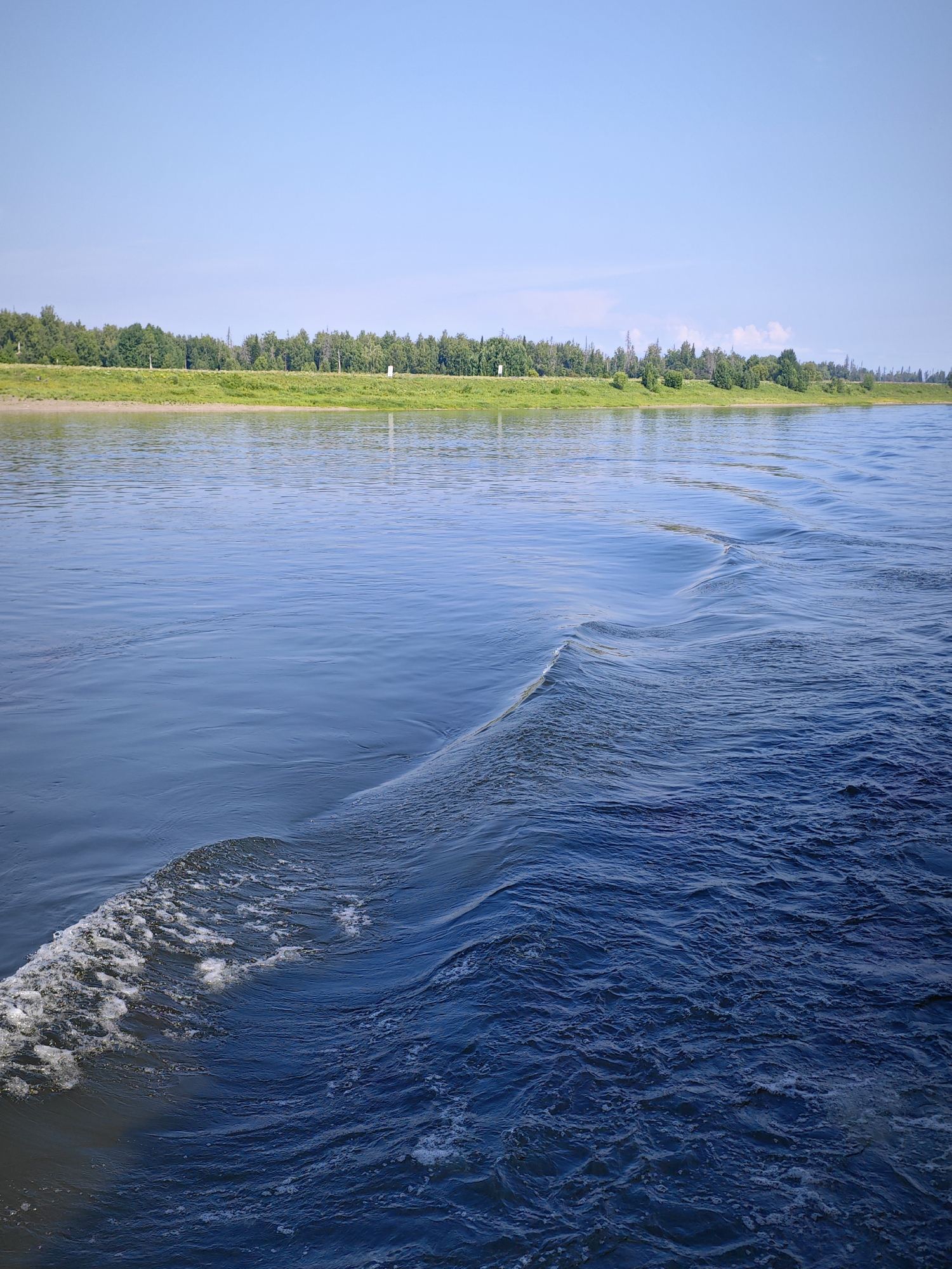 The image shows a wide, calm river under a clear blue sky. The foreground is dominated by the dark blue, rippling water, with white foam visible on the left where a wake is forming. In the mid-ground, the water becomes a lighter blue, with gentle waves. The riverbanks are lined with a strip of green grass and then a dense line of trees. The overall impression is one of a peaceful, natural landscape, likely taken from a boat moving through the water. The location is not identifiable within the city of Novonazimovo, Russia, based solely on the visual information provided.