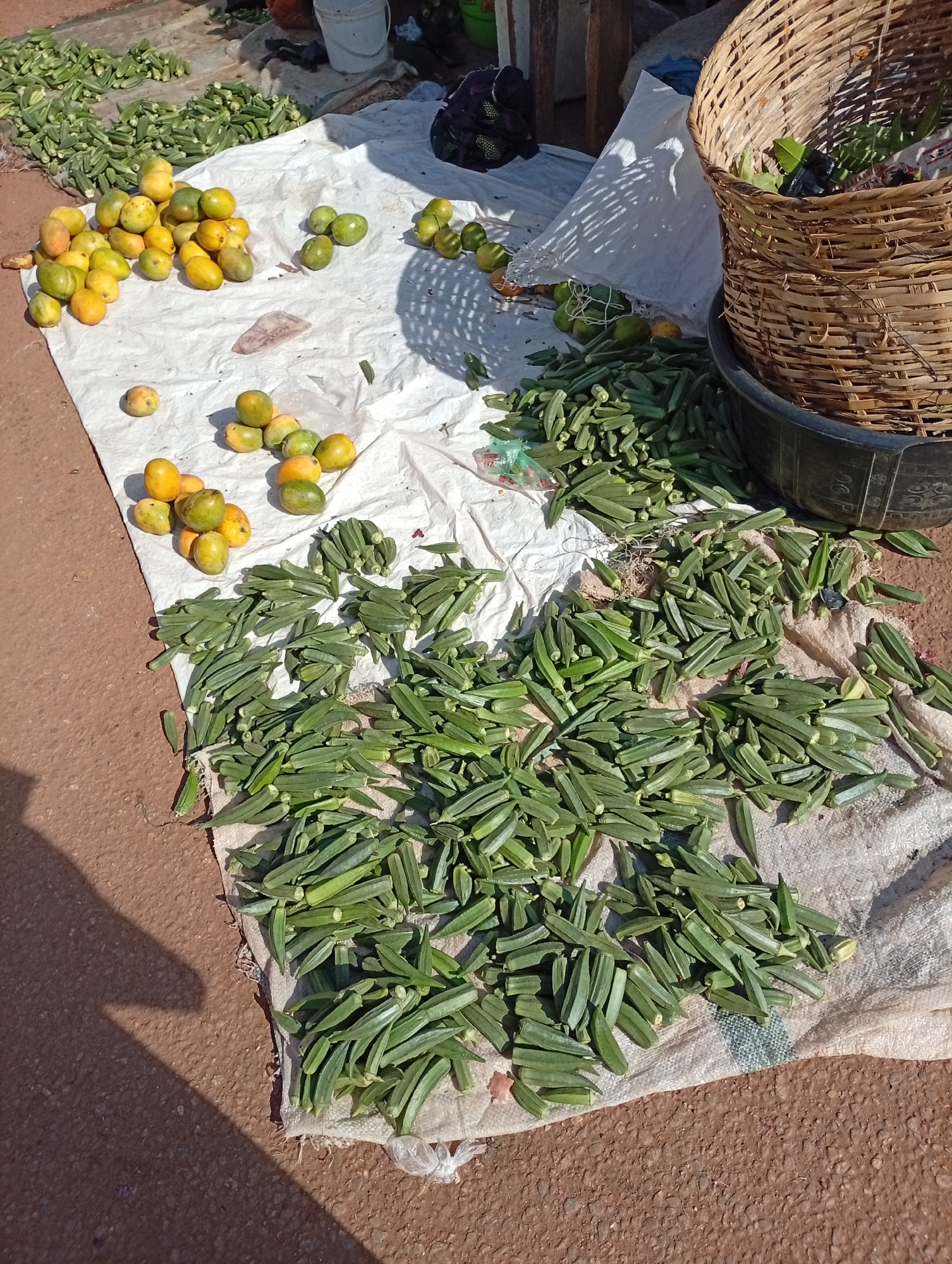 The scene depicts a roadside market stall in Kakuri Gwari, Nigeria. A white cloth is laid out on the ground, serving as a display surface for various produce. A large quantity of okra is scattered across the cloth, mostly in the lower half of the image. In the upper left quadrant, there are piles of yellow and green fruits, possibly mangoes, in the upper quadrant. In the upper right corner, there is a large woven basket placed on top of a black plastic container. Other items, including green leaves and what appears to be a black plastic bag, are inside the basket. There is also a white plastic bucket with a small quantity of green leafy vegetables in the background. The ground surrounding the cloth is a reddish-brown color, suggesting a dirt or pavement surface. There is evidence of shadows across the image, implying it's daytime. No people are visible.