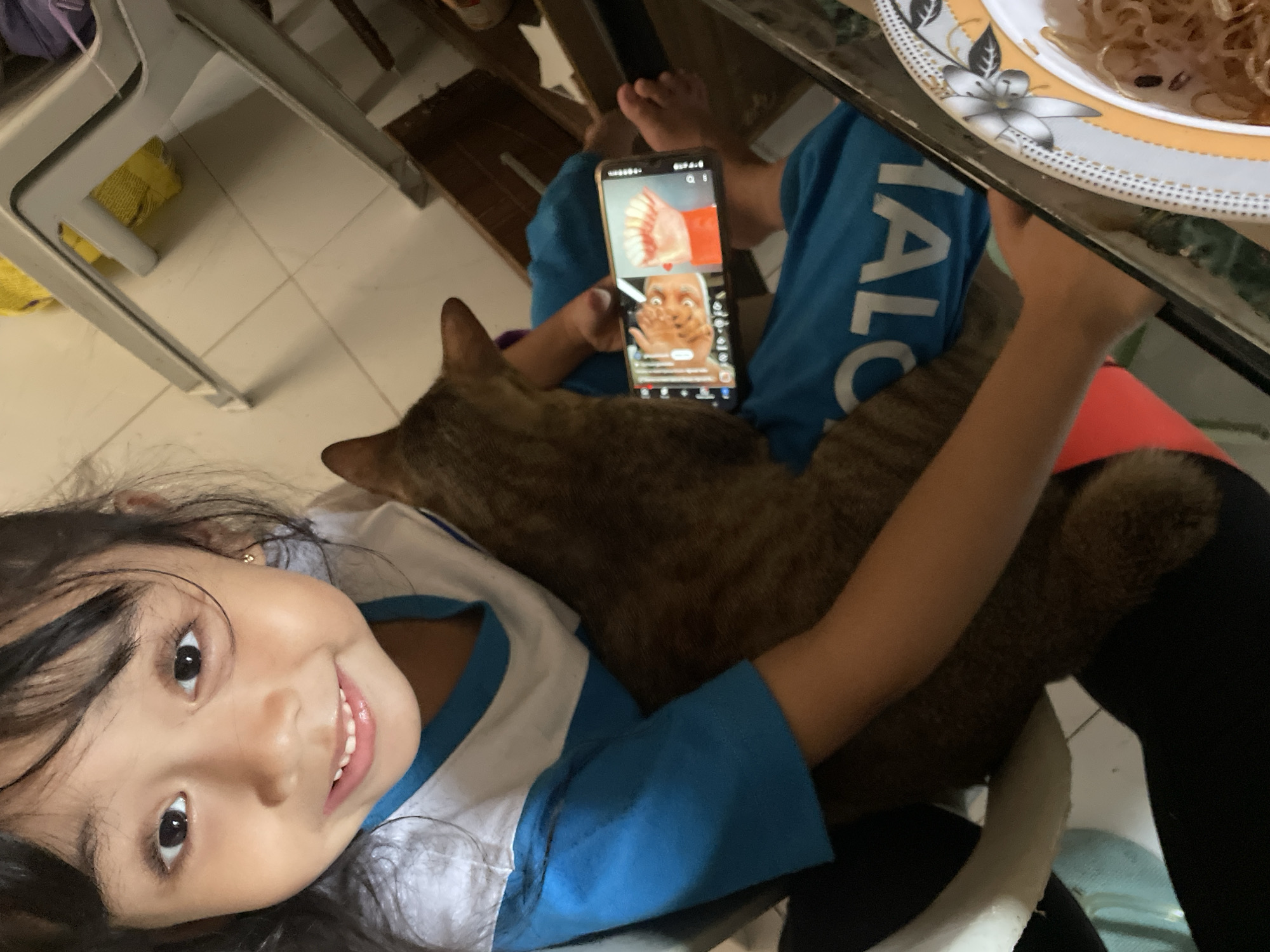 The image shows a young girl sitting indoors, holding a cat. She is wearing a blue and white t-shirt. She is looking at a smartphone that displays an image of a cat's face on the left and a hand with painted fingernails on the right. The cat is resting on her lap. The floor is tiled. There is a white plastic chair visible in the background. A portion of a plate with food is visible in the lower right corner. The scene suggests a casual home environment. This image cannot be specifically located within Davao City, Philippines, as there are no identifiable landmarks or contextual clues to determine its precise location.