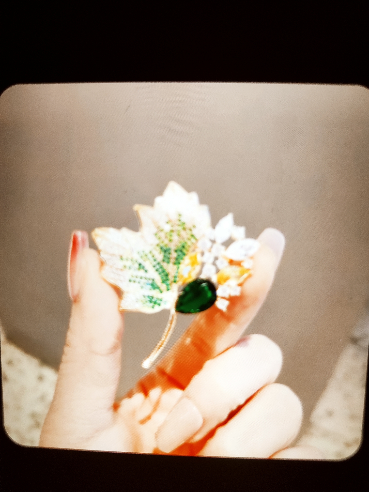 A close-up, slightly blurry, horizontal shot shows a hand holding a brooch in the shape of a stylized leaf. The brooch is adorned with small, multicolored gemstones, primarily green and white, and features a larger, faceted dark green gemstone at its center. The hand's fingers are visible, with painted nails. The background is out of focus, appearing as a neutral, light brown surface. The lighting suggests an indoor environment, possibly with a soft light source. The image is framed with rounded corners, suggesting it might be a photograph from a digital device or screen.