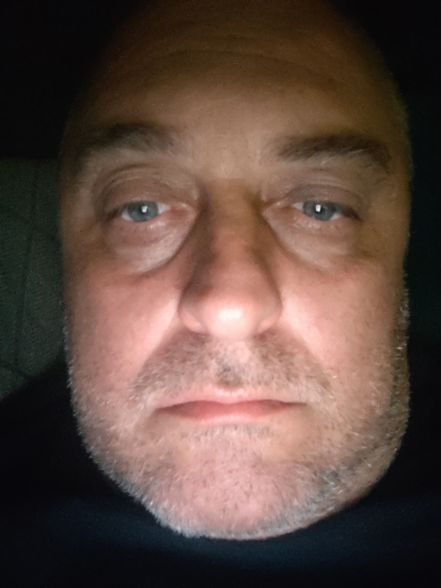 The image presents a close-up, frontal portrait of an adult male, likely middle-aged, centered within the frame. His skin tone appears fair, with visible pores and some minor redness on the cheeks and around the eyes. He has distinct blue eyes with visible pupils, looking directly forward. The man's eyebrows are light brown and moderately bushy. His nose is prominent, and his mouth is closed, set in a neutral or slightly downturned expression. Short, light-colored stubble or a very short beard covers his chin, jawline, and upper lip. The top of his head appears balding, showing a lighter scalp. He is wearing dark, indistinct clothing, possibly a black shirt or sweater, visible at the bottom of the frame. The lighting is low, illuminating his face from the front, creating soft shadows and highlighting facial contours. The image quality is somewhat grainy. The background is uniformly dark and out of focus, offering no discernible environmental or geographical features, thus providing no indication of a specific location in Huntingdonshire, United Kingdom, or anywhere else. No objects other than the man's head and shoulders are visible. There are no actions or interactions beyond the subject's direct gaze.