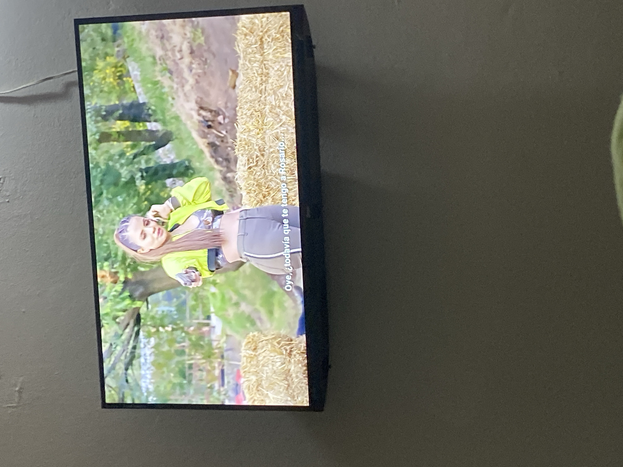 A woman with braided hair pulled back stands in an outdoor setting. She is wearing a bright yellow jacket over a patterned top and gray pants. The background shows trees and a grassy slope. In the foreground, there are bales of hay. Subtitles on the screen read, "Oye, ¿todavía que te tengo a Rosario...". The image is a photograph of a television screen displaying this scene.