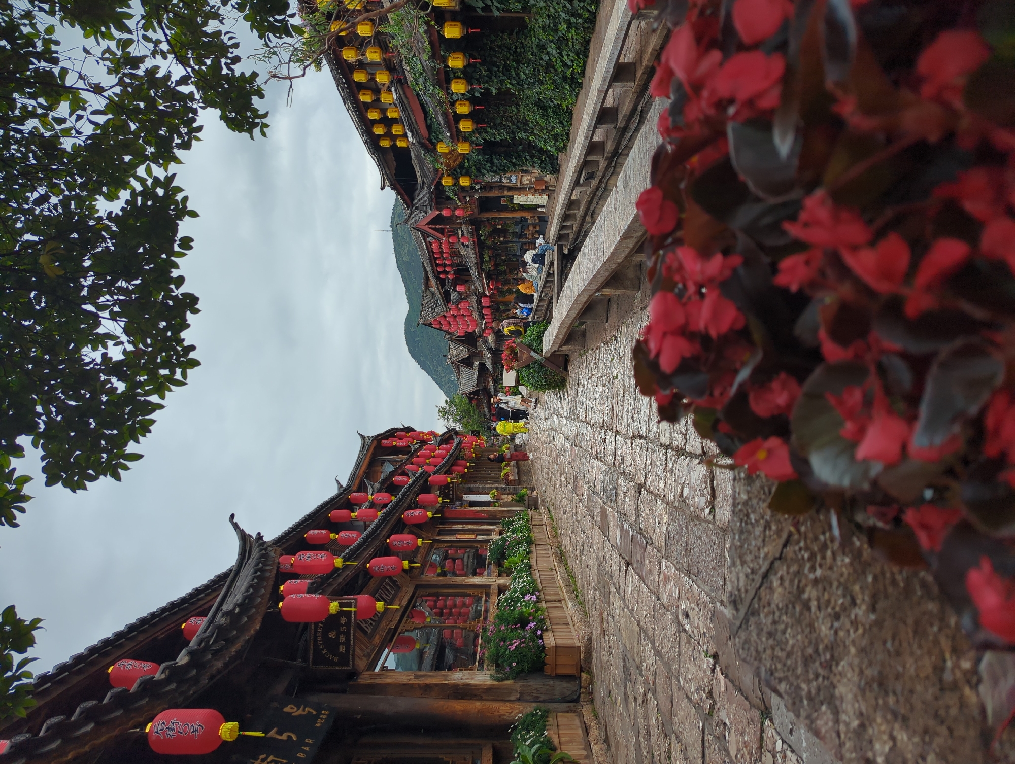 The image depicts a narrow street in Gucheng District, China, lined with traditional architecture and adorned with numerous red and yellow lanterns. The street is paved with cobblestones, and a stone channel with a low bridge runs alongside one side. Greenery, including potted plants and ivy-covered walls, is prevalent. In the foreground, out-of-focus red flowers dominate. Several people are visible in the mid-ground, some walking and others seated along the channel. The buildings feature dark wooden structures with tiled roofs, typical of ancient Chinese towns. The sky is overcast, suggesting a cloudy day. The scene conveys a sense of historic charm and cultural vibrancy.