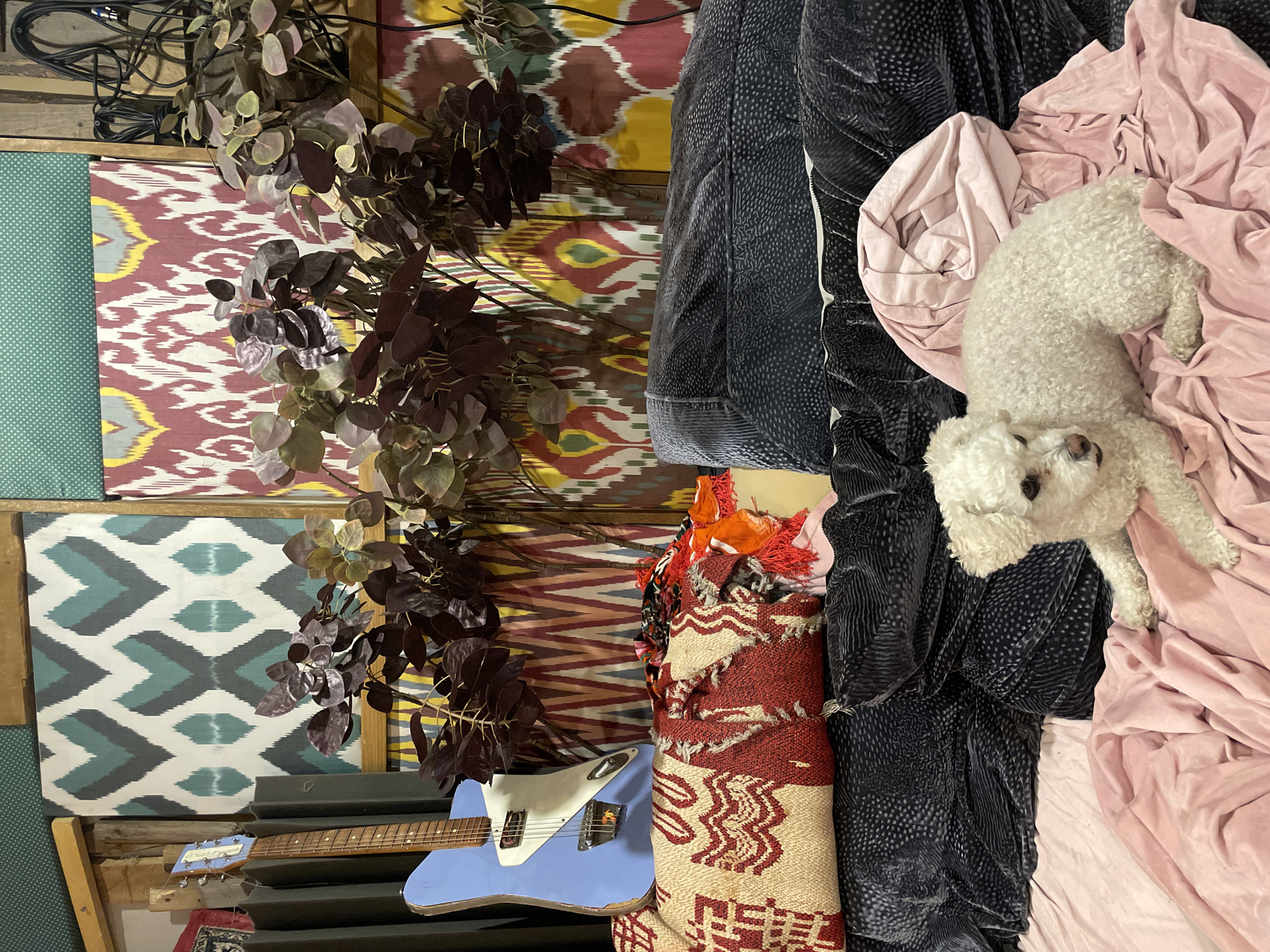 The image depicts a cluttered indoor scene. On the left, fabric patterns in varying colors and designs hang vertically, framed by a wooden structure. A blue electric guitar rests against the fabric. To the right, draped velvet and pink fabrics create a layered composition. A small, white, curly-haired dog lies on the pink fabric. The setting does not allow for a determination of the city of Yekaterinburg, Russia.