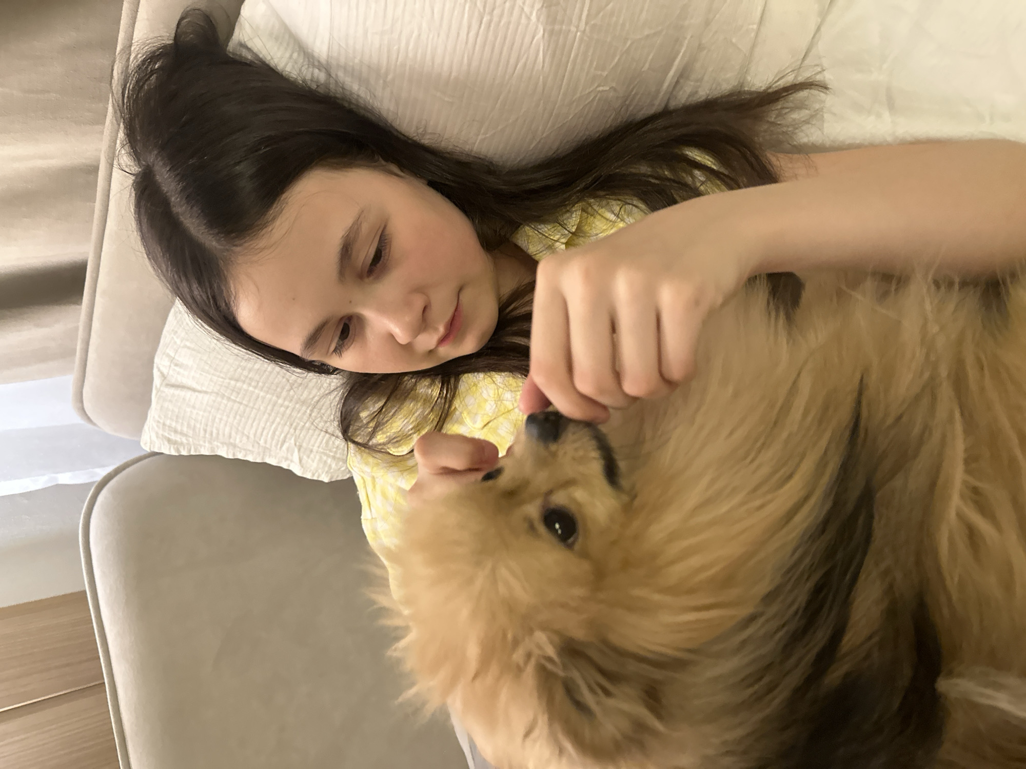 A young girl with long, dark hair is lying on a light-colored sofa with a textured throw pillow. She is wearing a yellow and white patterned shirt. The girl is holding the snout of a small, fluffy, brown dog, possibly a Pomeranian, and gazing at it. The setting appears to be indoors, likely a residential living space. There is no indication of the image being taken in Votkinsk, Russia, so no information about that city can be included.