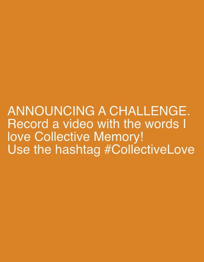 The image is a solid orange background with white text. The text announces a challenge to record a video with the words "I love Collective Memory!" and to use the hashtag #CollectiveLove. The location of Alekseevka, Russia is not relevant to the content of the image.