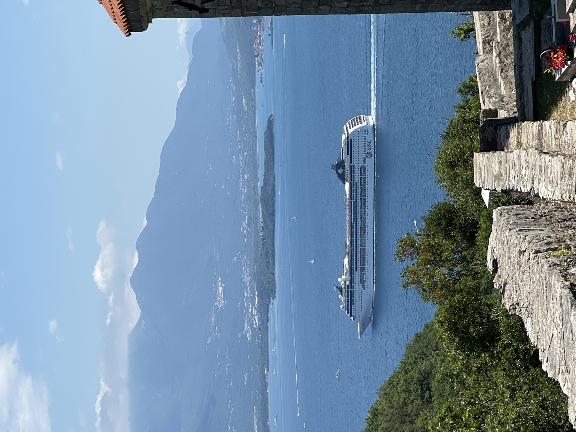 View of a large white cruise ship on the Bay of Kotor, Montenegro, from a high vantage point in Baošići. A small, densely forested island is visible in the distance to the left of the ship. Mountains form a backdrop on the left side of the bay. The scene is framed by a stone structure on the right, partially covered with vegetation, and another stone structure with a red tile roof on the upper left.