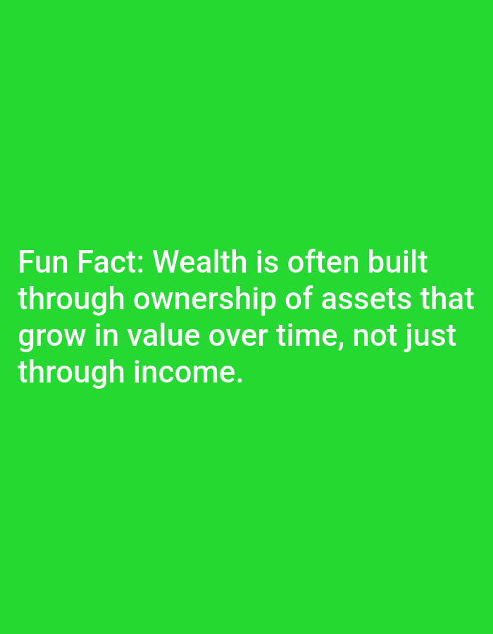 The image is a bright green background with white text. The text reads: "Fun Fact: Wealth is often built through ownership of assets that grow in value over time, not just through income." There are no people, objects, or any discernible location in the city of Lagos, Nigeria.