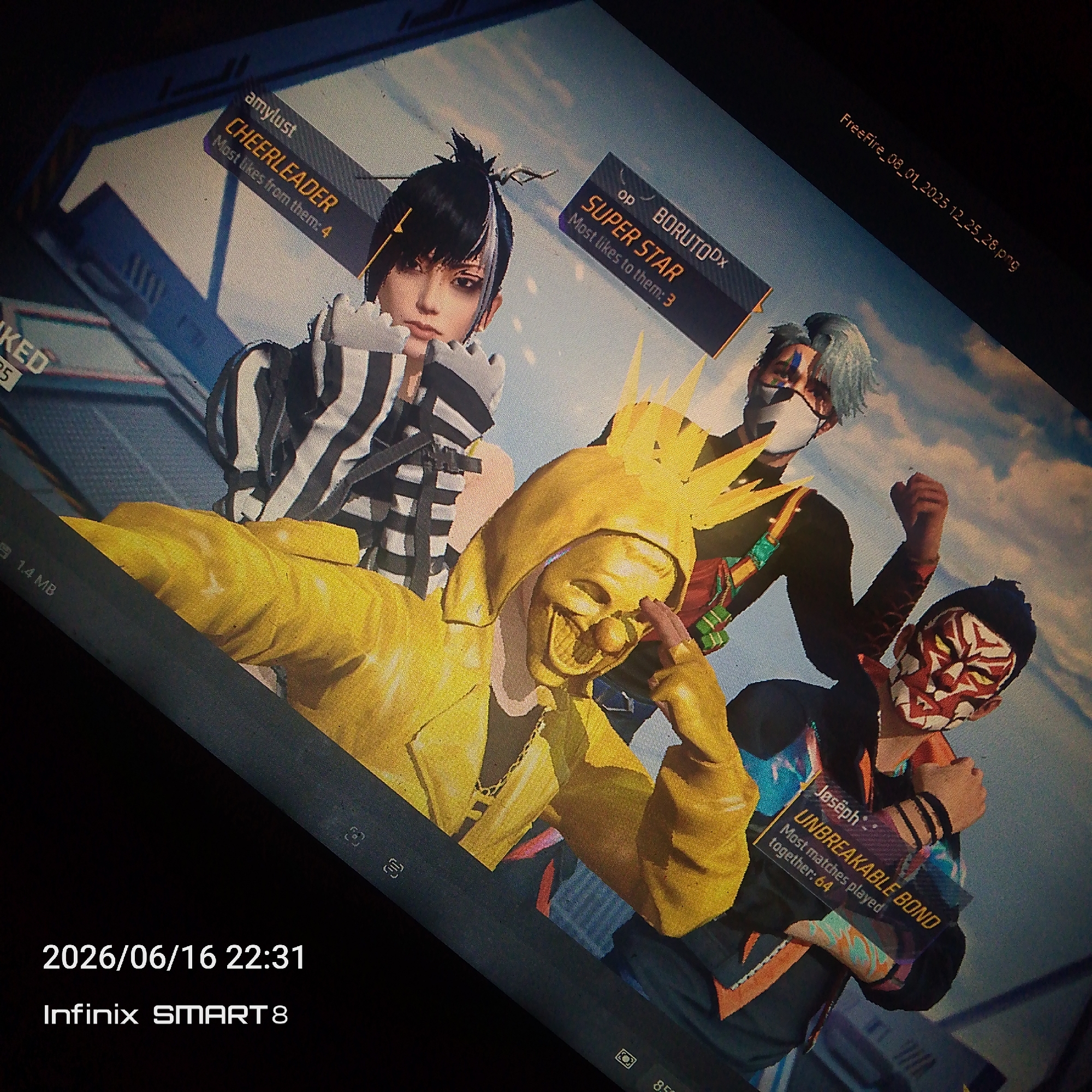 The image displays a screenshot from a video game, likely Free Fire, showcasing a group of characters. The characters are positioned in a stylized, digital environment. One character, identified as "amylust" and wearing a "CHEERLEADER" outfit, has "Most likes from them: 4" displayed. Another character, named "BORUTODx" and labeled as "SUPER STAR", has "Most likes to them: 3". A third character, named "Joseph", is featured with a banner reading "UNBREAKABLE BOND" and "Most matches played together: 64".
The screenshot also includes system information such as the date and time "2026/06/16 22:31" and the device "Infinix SMART 8". The filename "FreeFire_08_01_2023_12_25_28.png" is visible, indicating the image was taken on January 8, 2023, at 12:25:28. The image is a photograph of a screen, with some glare and distortion typical of such capture methods. The overall setting appears to be a lobby or character selection screen within the game.