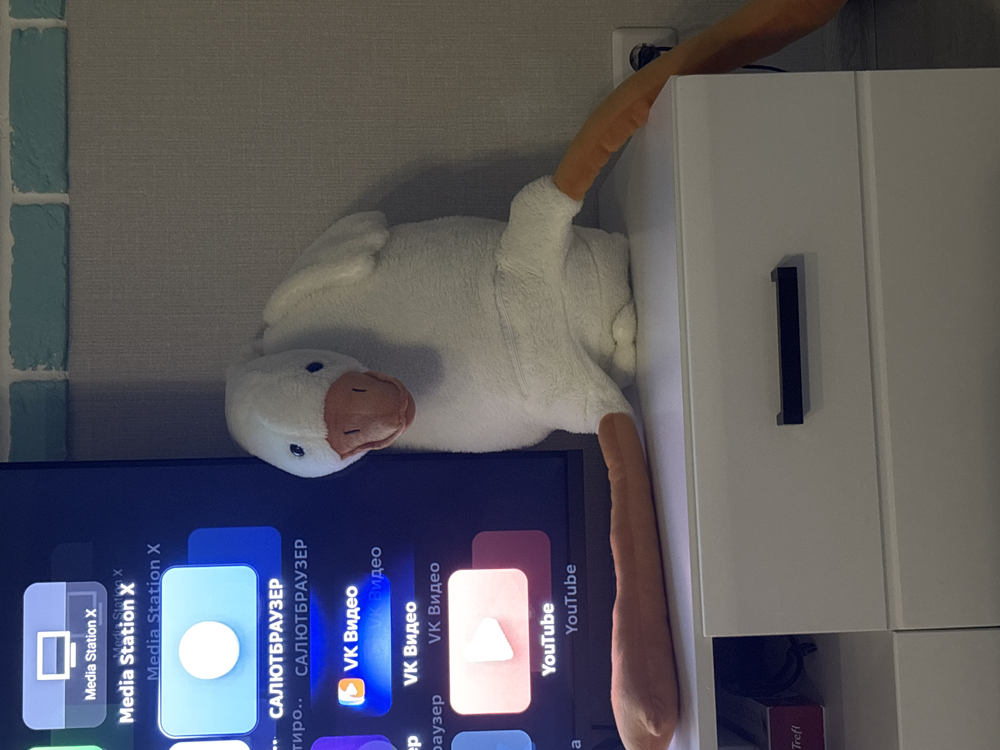 The image shows a plush goose resting on top of a TV, next to a white cabinet. The TV screen displays icons for apps such as "Media Station X," "САЛЮТБРАУЗЕР," "VK Видео," and "YouTube." A power outlet is visible on the wall above the cabinet. The plush goose is white with an orange beak and legs. The environment suggests a living room or similar domestic setting. There is no information to suggest it is in St. Petersburg.
