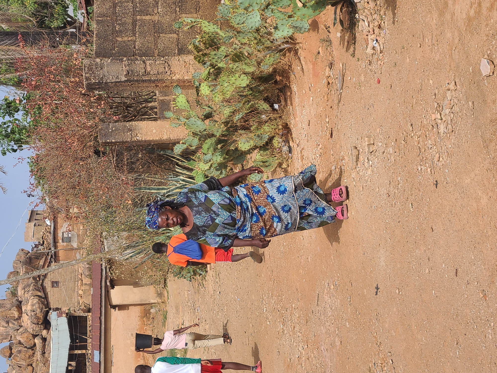 An eye-level shot captures a woman wearing a blue patterned dress and headwrap, standing on a dirt path. She wears pink sandals. To her left, a green cactus-like plant grows. Behind her, two children walk along the path. In the background are buildings constructed of tan brick and set upon rocks. Other children are walking to the left of the buildings. The scene appears to be located in the city of Barakin Lerawi, Nigeria.