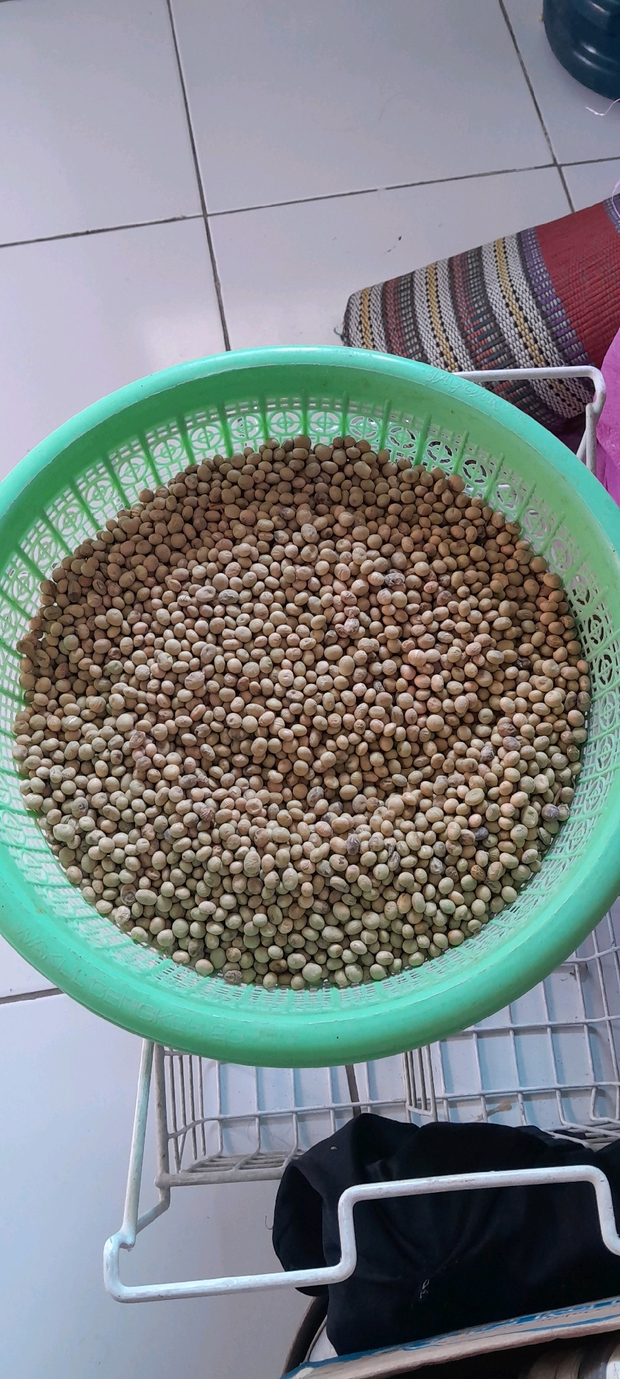 A close-up, high-angle shot shows a green plastic basket filled with soybeans. The basket rests on a white metal rack, which is positioned on a tiled floor. A woven mat with a striped pattern in red, white, yellow, and brown is visible behind the basket. A dark garment, possibly a jacket or shirt, is partially visible on a lower shelf of the rack. The scene appears to be indoors. The specific location is in Bendungan, Indonesia.