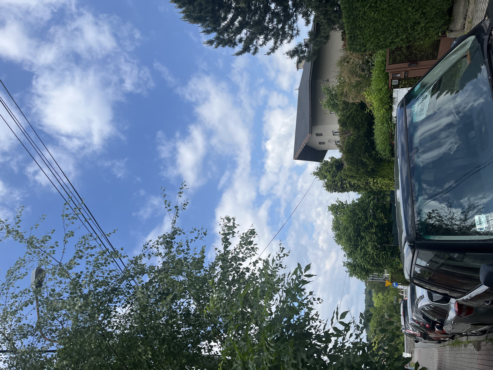 The image presents a street scene in an urban area, possibly a residential neighborhood. The sky is blue with scattered white clouds. Power lines are visible crossing the frame. Trees with green foliage occupy a portion of the foreground and background, partially obscuring the view. A building with a dark roof is situated amidst the trees. A black car is prominently featured on the right side of the image, with its windows reflecting the sky and surroundings. Other cars are parked behind it. A road sign is visible in the distance.