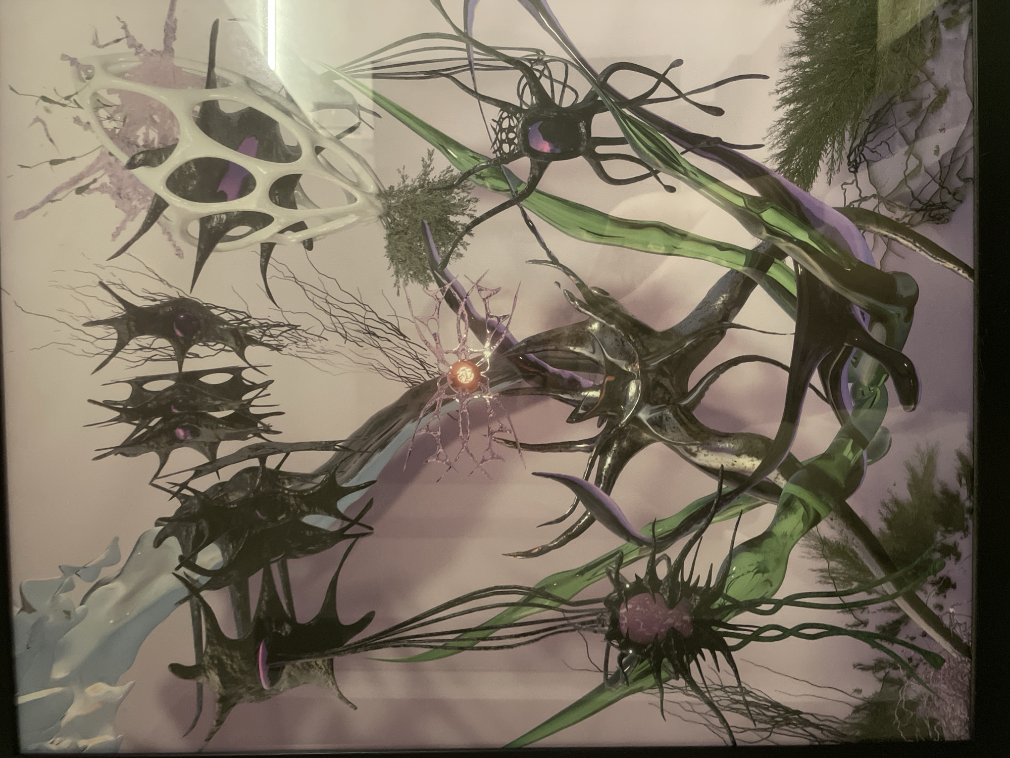 The image is a framed artwork featuring abstract, organic forms resembling biological or neural structures. Predominantly, the colors are white, green, purple, and black. The shapes have a glossy, sculptural appearance, contrasting with wispy, branch-like extensions. In the top-right corner, a coniferous plant or tree fragment appears more realistic. The background appears to be a pale lilac color. There is no information in the image to determine that the image was taken in Vicente Lopez, Argentina.