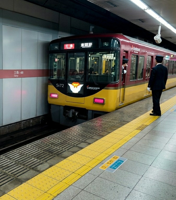 The scene depicts an underground train platform at Sanjo Station in Kyoto, Japan. A maroon and yellow train, identified by the number "5i72" and a white and orange floral emblem on its front, is stationary alongside the platform. The train's electronic display shows "京阪線" (Keihan Line) and "特急" (Limited Express), with an additional red sign displaying "三条" (Sanjo).
On the platform, a male individual in a dark uniform, cap, and white gloves stands with his back to the viewer, facing the train's side. Another uniformed male is visible leaning from the open window of the train's driver's cabin, facing towards the platform. Indistinct figures of passengers are discernible through the train's windows.
The platform edge features yellow tactile warning strips, while the main flooring consists of grey tiles. A blue and white informational sign with Japanese text is present on the platform floor near the tactile strips. The station wall is paneled in a light color with a horizontal red strip bearing the station name "三条 - 河" and "Sanjo" in Roman characters. Overhead fluorescent fixtures provide illumination. Train tracks are visible between the platform and the train.
