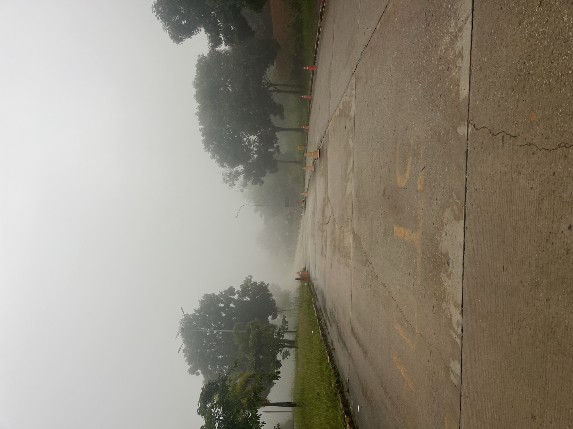The image depicts a street scene in Xayden, Laos, shrouded in thick fog. The road surface is asphalt, showing signs of wear with visible cracks and patches. Yellow markings are present on the road, some appearing to form letters, possibly indicating "STOP" in a faded state.

Along the sides of the road, there is lush green grass and several trees of varying sizes. Some of the trees are tall and dense, while others are smaller. In the distance, the fog obscures the visibility of buildings and further landscape features.

Several orange traffic cones are placed along the road, suggesting a possible obstruction, ongoing work, or a safety measure. Streetlights are visible, some with solar panels on top, indicating they are likely solar-powered. The overall atmosphere is damp, with the road appearing wet. No people or vehicles are visible in the frame. The fog creates a muted and somewhat isolated ambiance.