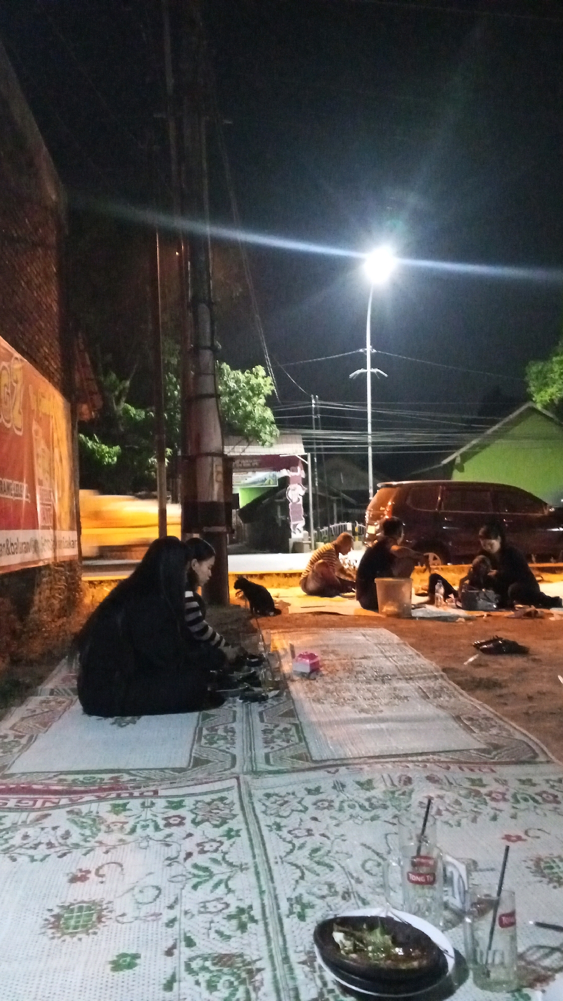 In Rejosari, Indonesia, at night, several individuals are gathered on mats laid out on the ground near a street. A prominent street lamp illuminates the scene, casting long shadows. A brick wall with a large banner is visible to the left, and trees are interspersed throughout the background, along with a building. A dark-colored van is parked in the mid-ground.
In the foreground, two individuals are seated on a mat. One, wearing a black hijab and long black clothing, is facing away from the camera and appears to be engaged in some activity on the mat, possibly preparing food or drinks. Next to her, another individual wearing a striped shirt is also seated on the mat. A black cat is positioned between them. Further to the right, two more individuals are seated on separate mats. One, wearing a striped shirt, is facing the others. The second individual is partially obscured but appears to be wearing dark clothing.
On the mats, several objects are visible, including glasses with straws, a small pink box, and a plate with food. The mats themselves are decorative, with a floral pattern. The ground appears to be dirt or gravel. The overall atmosphere suggests a casual outdoor gathering or meal taking place in a public or semi-public space at night.